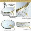 Vessel sink in bathroom top view, InArt oval ceramic sink bowl white with gold finish for vanity