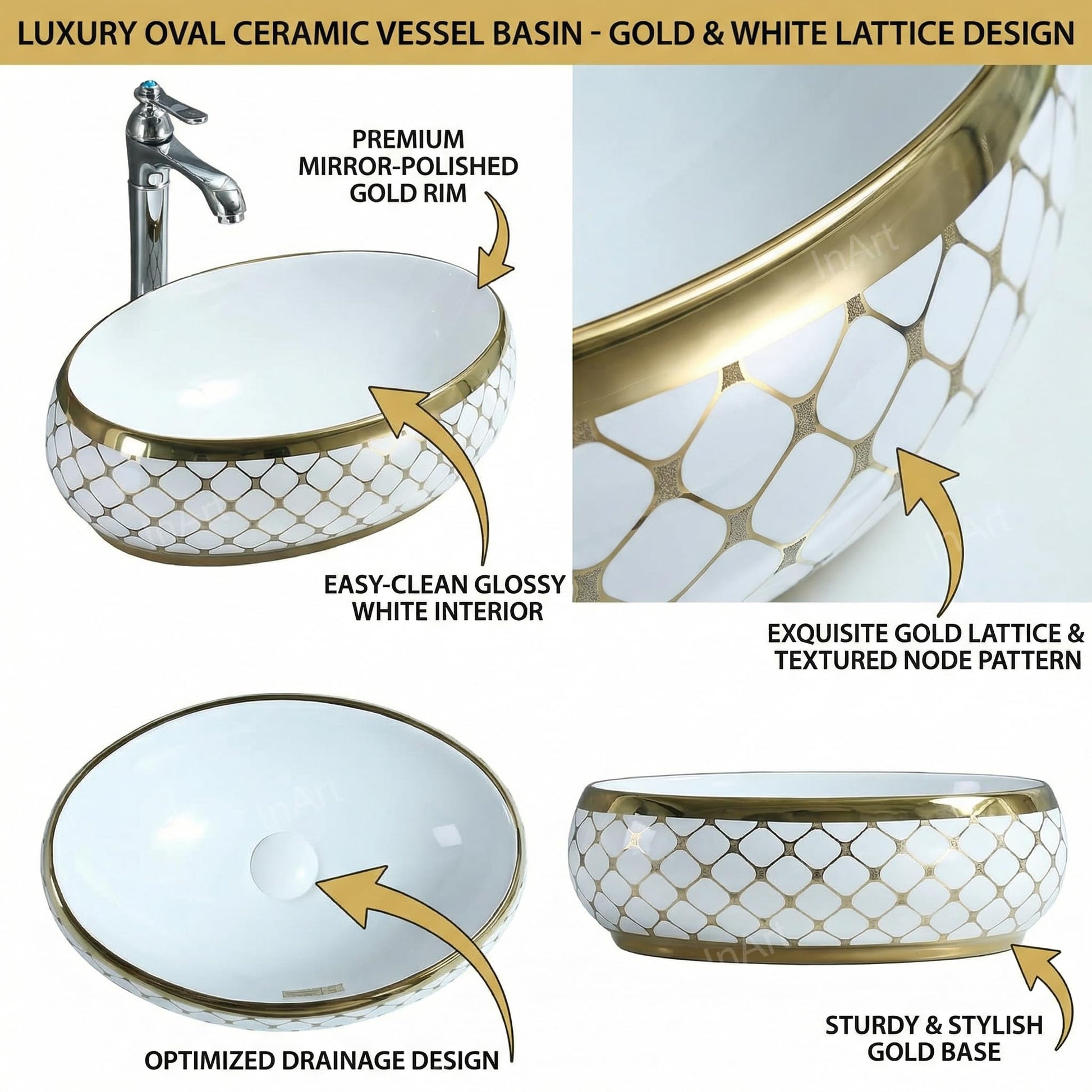 Vessel sink in bathroom top view, InArt oval ceramic sink bowl white with gold finish for vanity