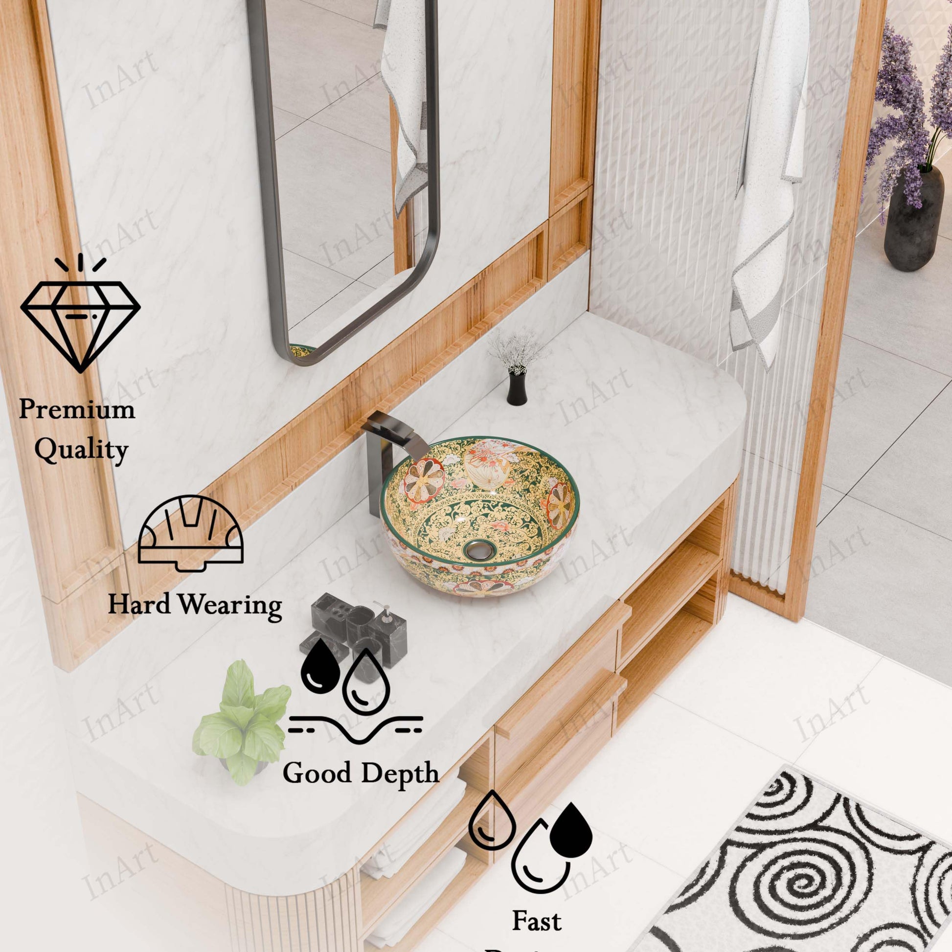 InArt Vessel Sinks for Bathrooms 16.5" – Ceramic, Glossy Green, Patterned Glaze, additional product view 4