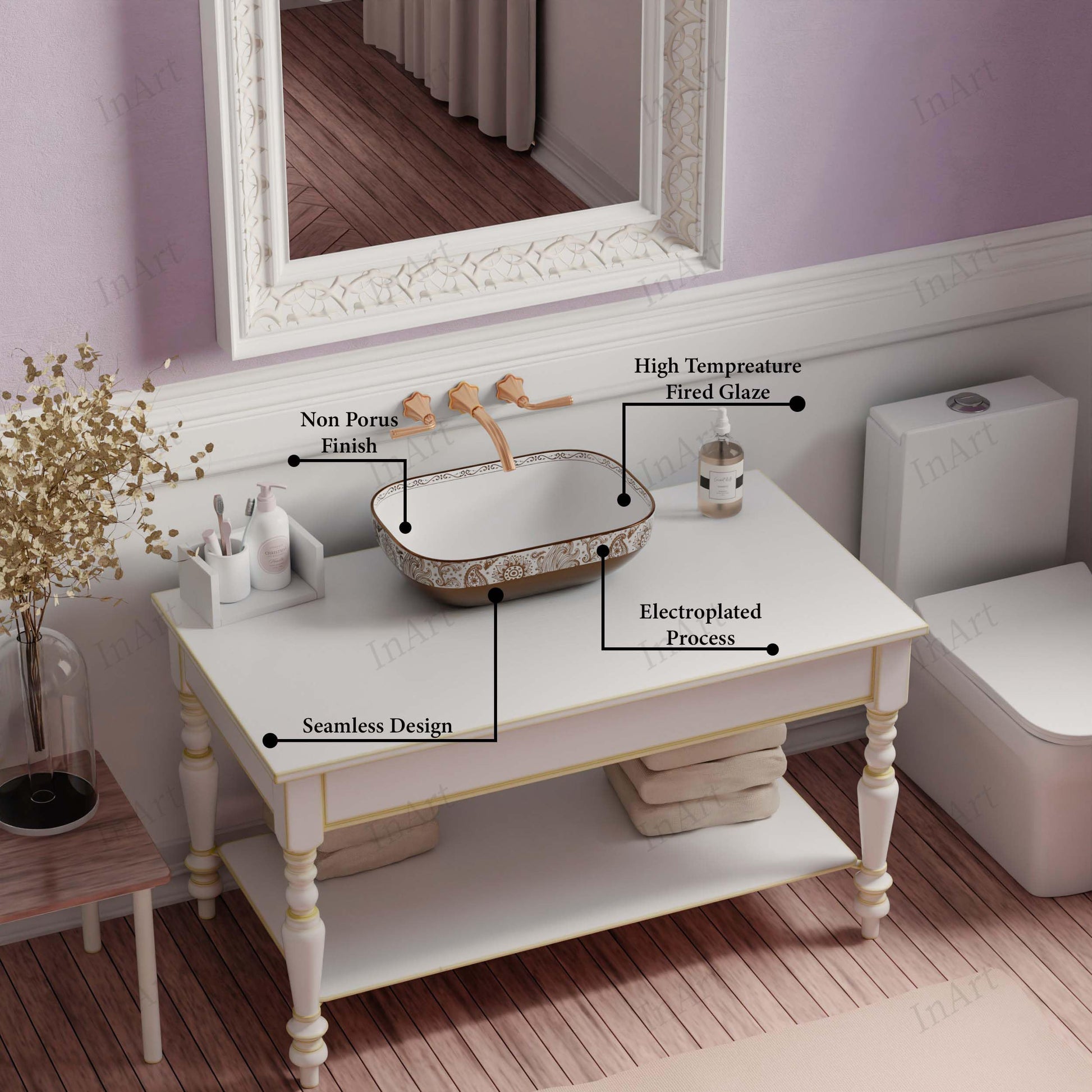 Vessel sink on vanity side angle, InArt rectangular ceramic rose gold above counter bathroom sink 22x14