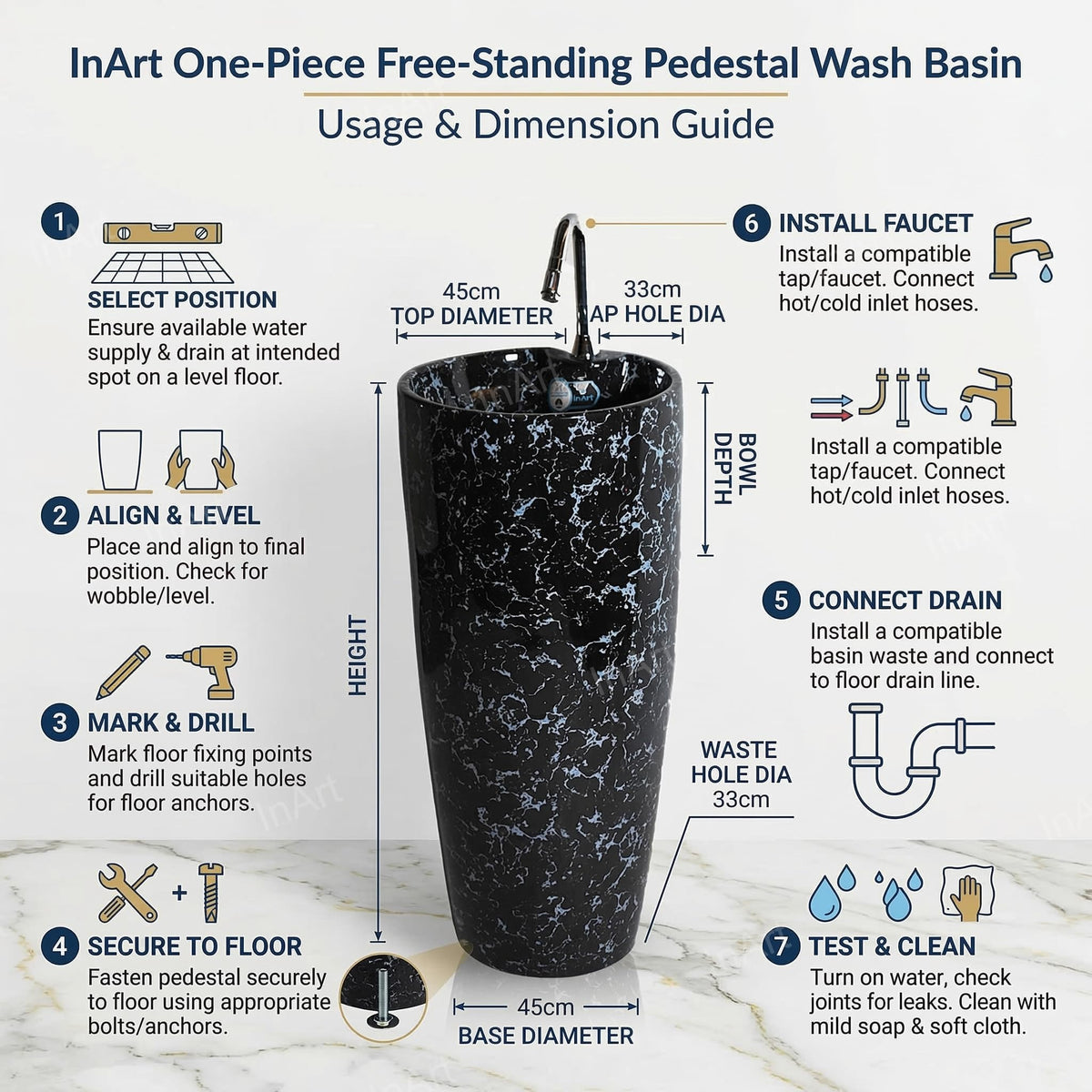 InArt Basin Pedestal Sink - Standing Bathroom Sink Black Marble 38x38 CM, additional product view 6