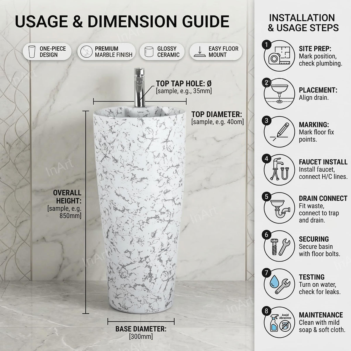 InArt Basin Pedestal Sink - Standing Bathroom Sink White Marble 38x38 CM, additional product view 6