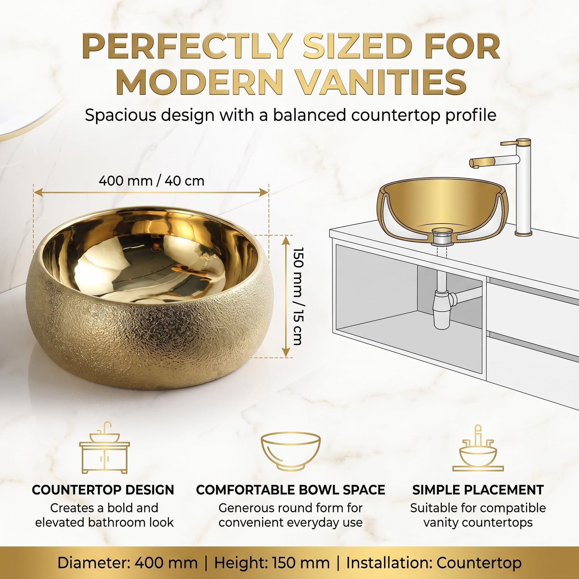 InArt Round Bathroom Ceramic Vessel Sink Art Basin in Gold Color, additional product view 5