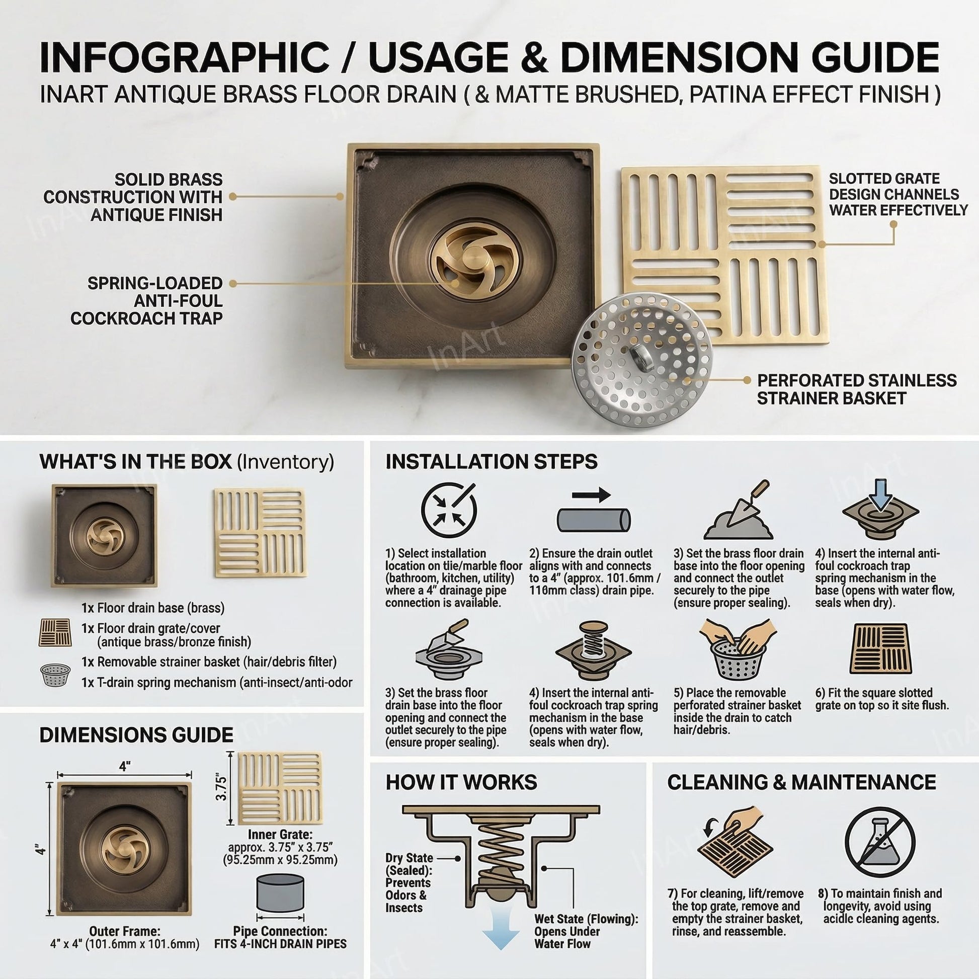 InArt 12 x 4 Inch Square Brass Shower Drain with Removable Strainer Grate, additional product view 7