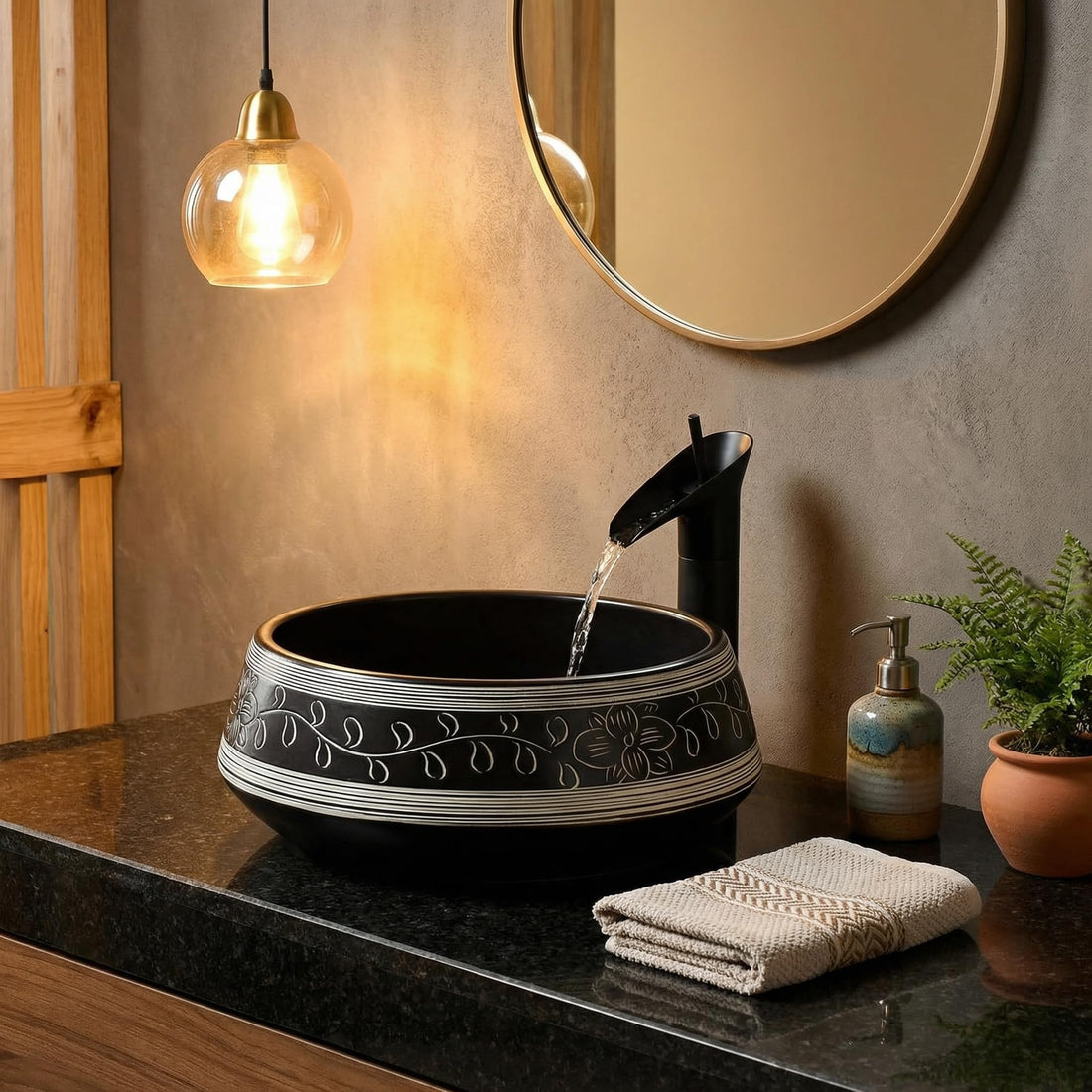 Black vessel sink InArt ceramic round matte black tabletop wash basin 42x42cm DW267