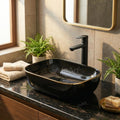 InArt vessel sink vanity pairing, glossy black gold ceramic rectangular bowl on bathroom vanity cabinet