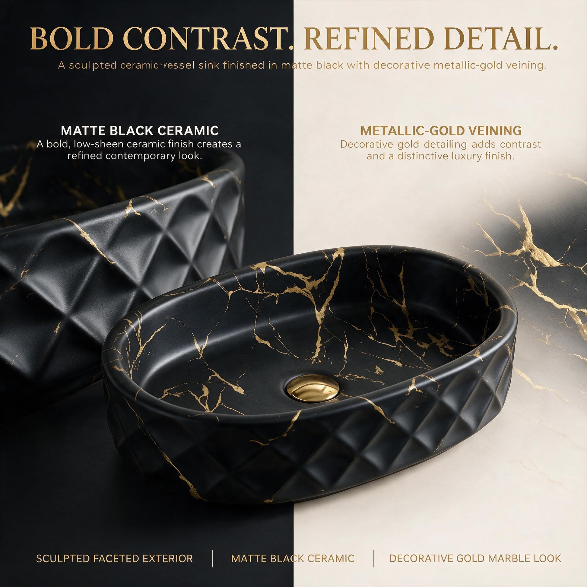 Black and Gold Oval Ceramic vessel bathroom sink, additional product view 6