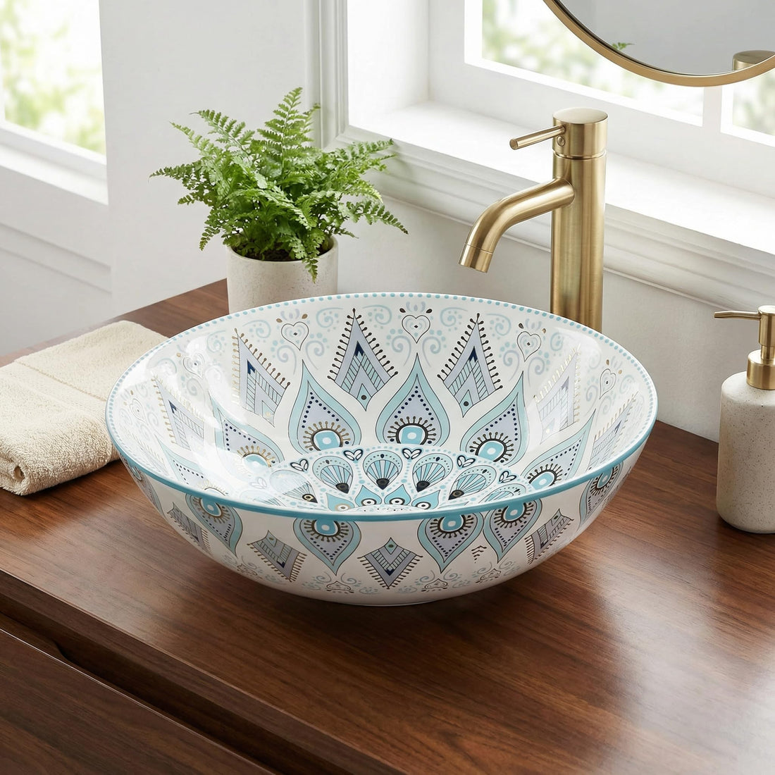 Modern sink InArt light blue glossy ceramic round vessel sink 39x39 cm tabletop wash basin