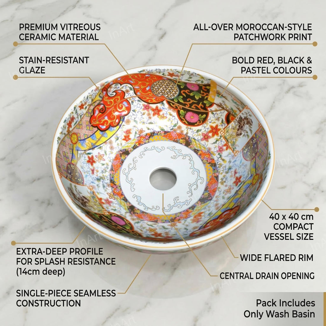InArt Glossy Moroccan Ceramic Round Vessel Sink – Decorative Pattern, 15.75"