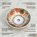 InArt Glossy Moroccan Ceramic Round Vessel Sink – Decorative Pattern, 15.75
