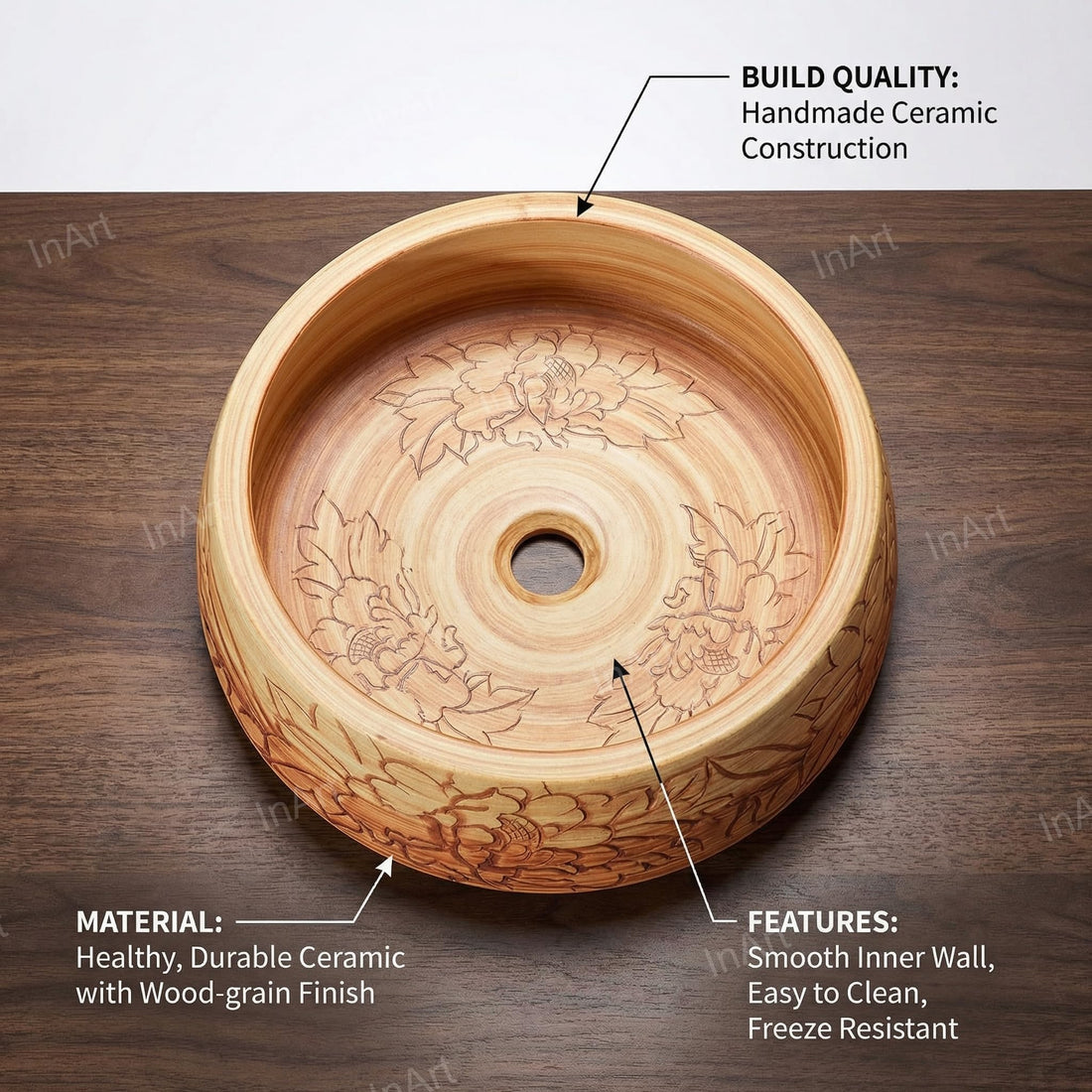 InArt Wood-Tone Ceramic Round Vessel Sink – Floral Art Design, 16.5"
