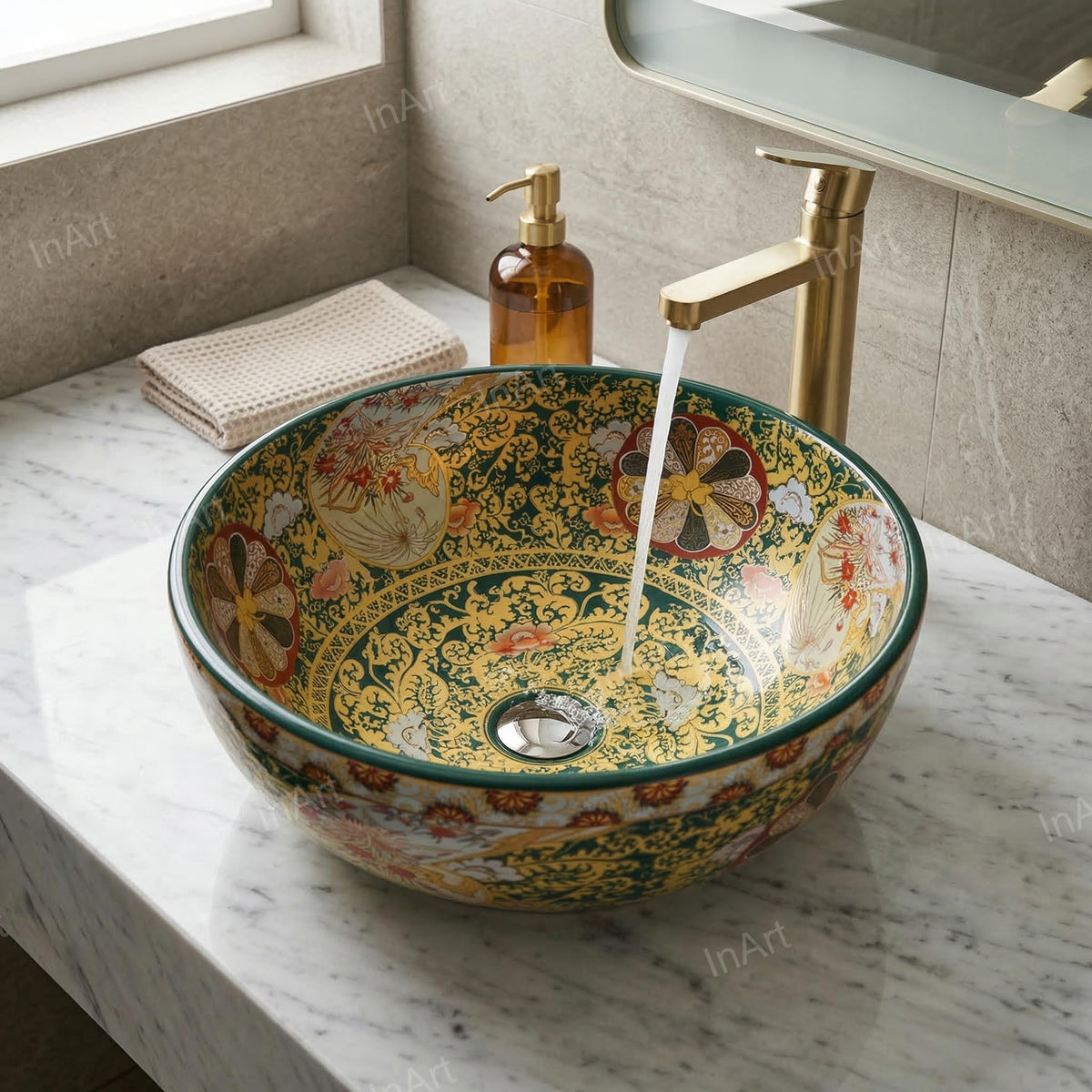 InArt Vessel Sinks for Bathrooms 16.5" – Ceramic, Glossy Green, Patterned Glaze, additional product view 4