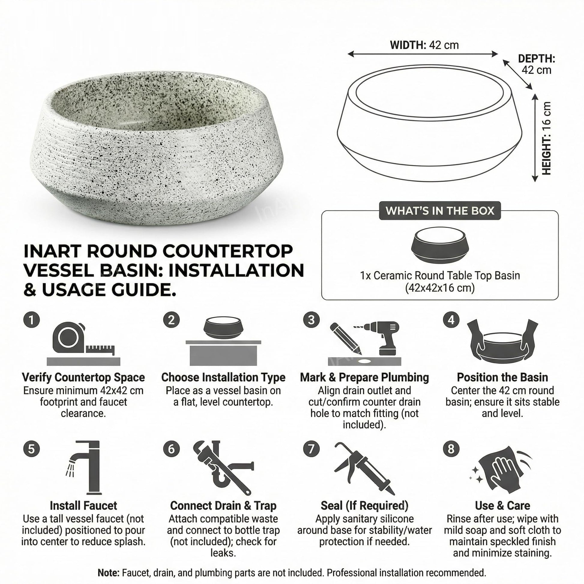InArt Light Green Ceramic Vessel Sink – 16.5" Round Countertop Bathroom Vanity Basin DW266, additional product view 6