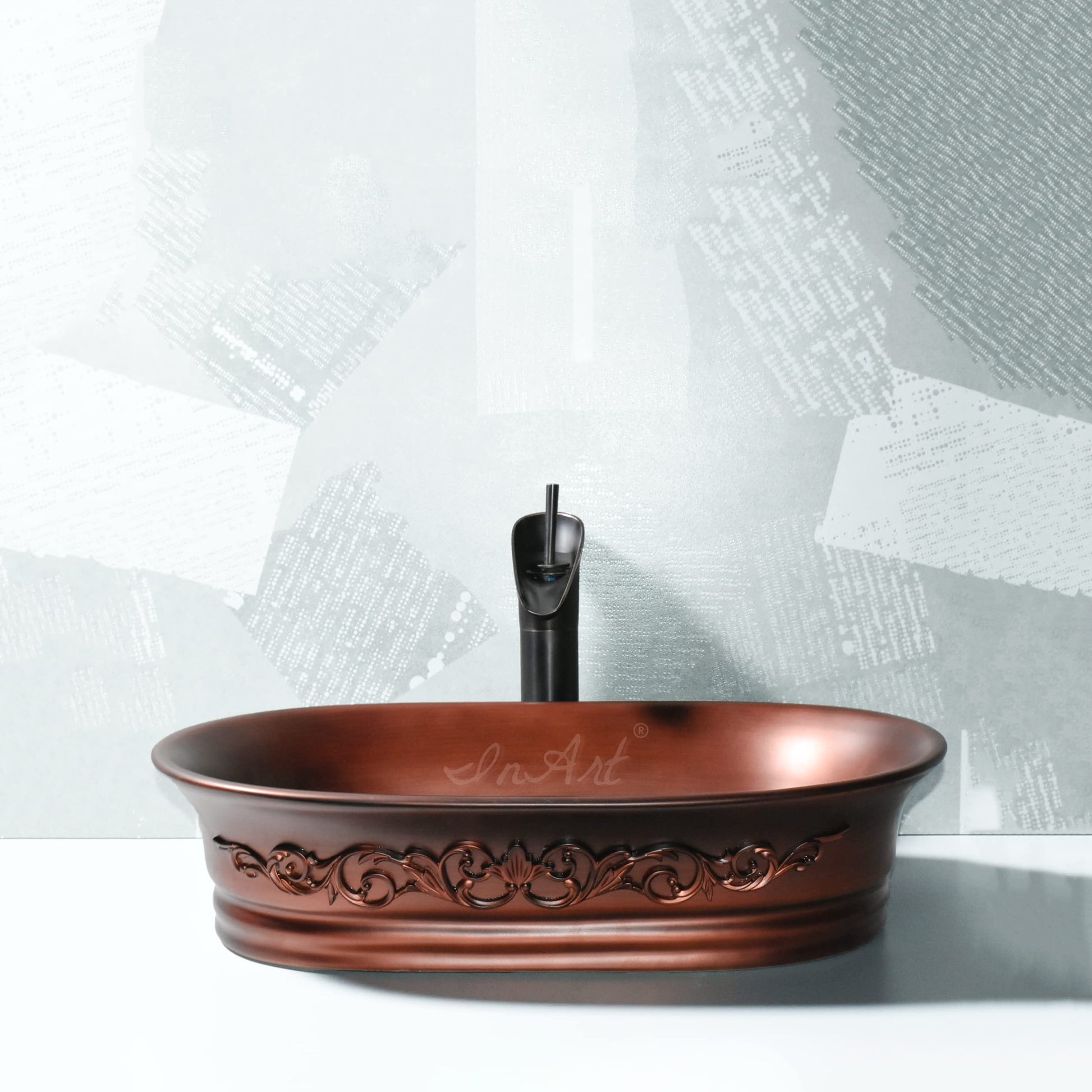 Lifestyle on vanity counter tops with sink, oval ceramic vessel sink in matte copper for modern restroom sinks