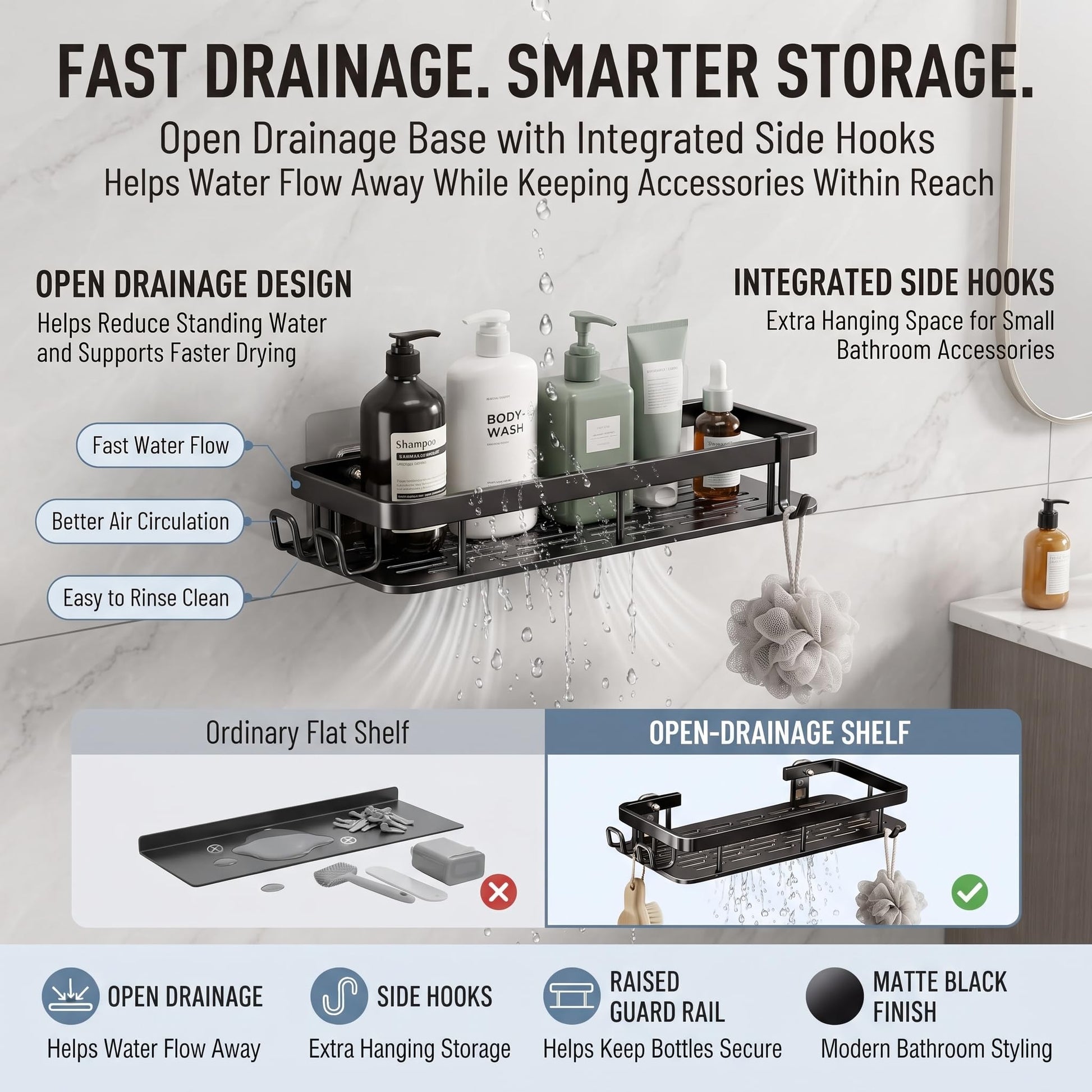 Two wall-mounted shower caddies organizing bottles and accessories