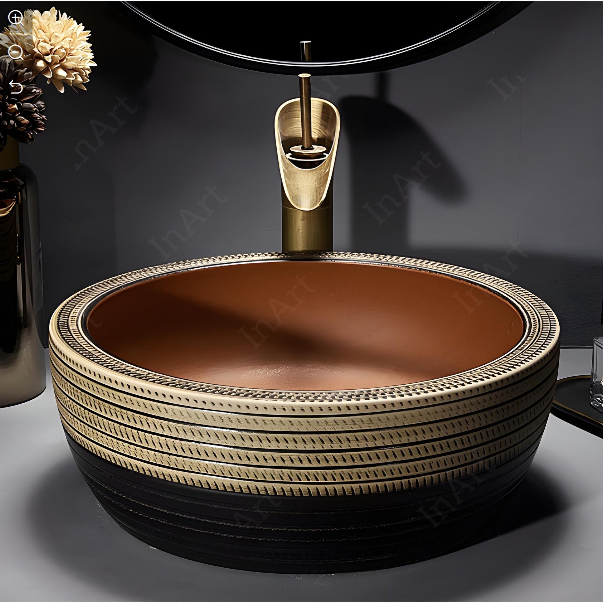 Sink bathroom bowl top view round ceramic vessel sink, matte brown over counter basin