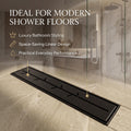 Matte black shower drain channel and centered bottom outlet detail