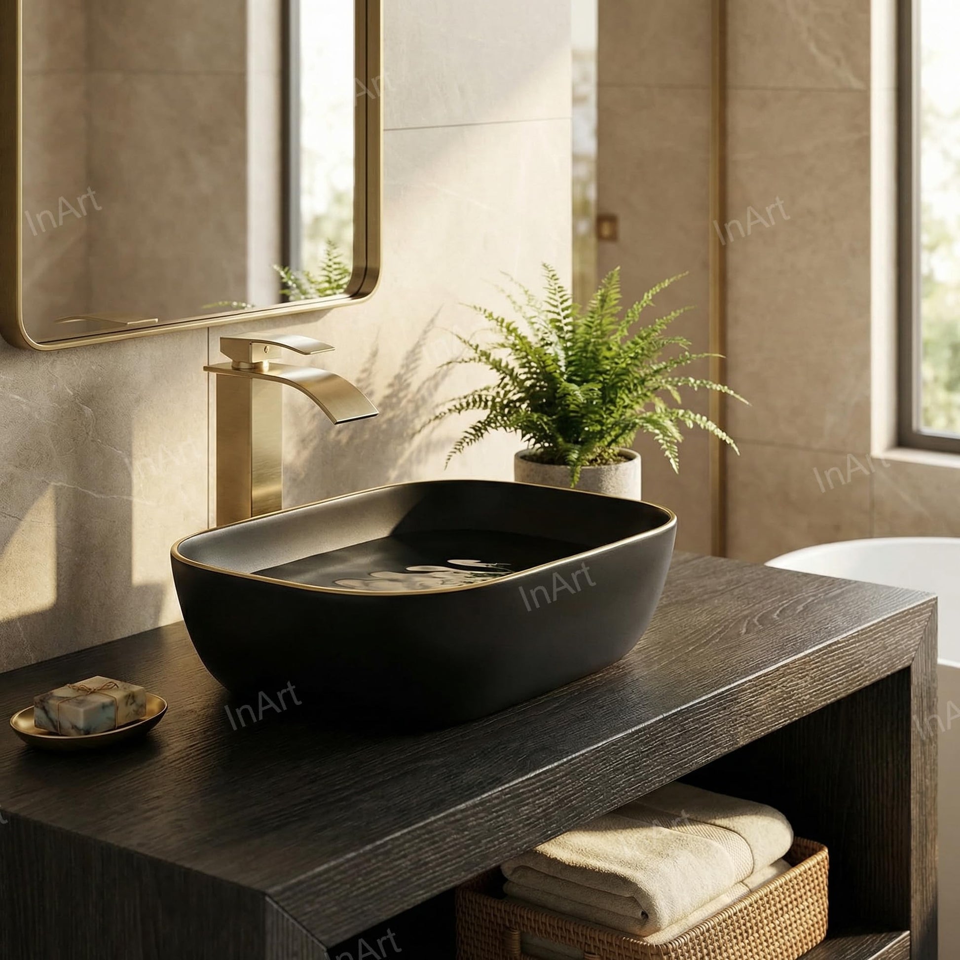 InArt ceramic rectangular vessel sink detail, matte black finish above counter bathroom sink bowl