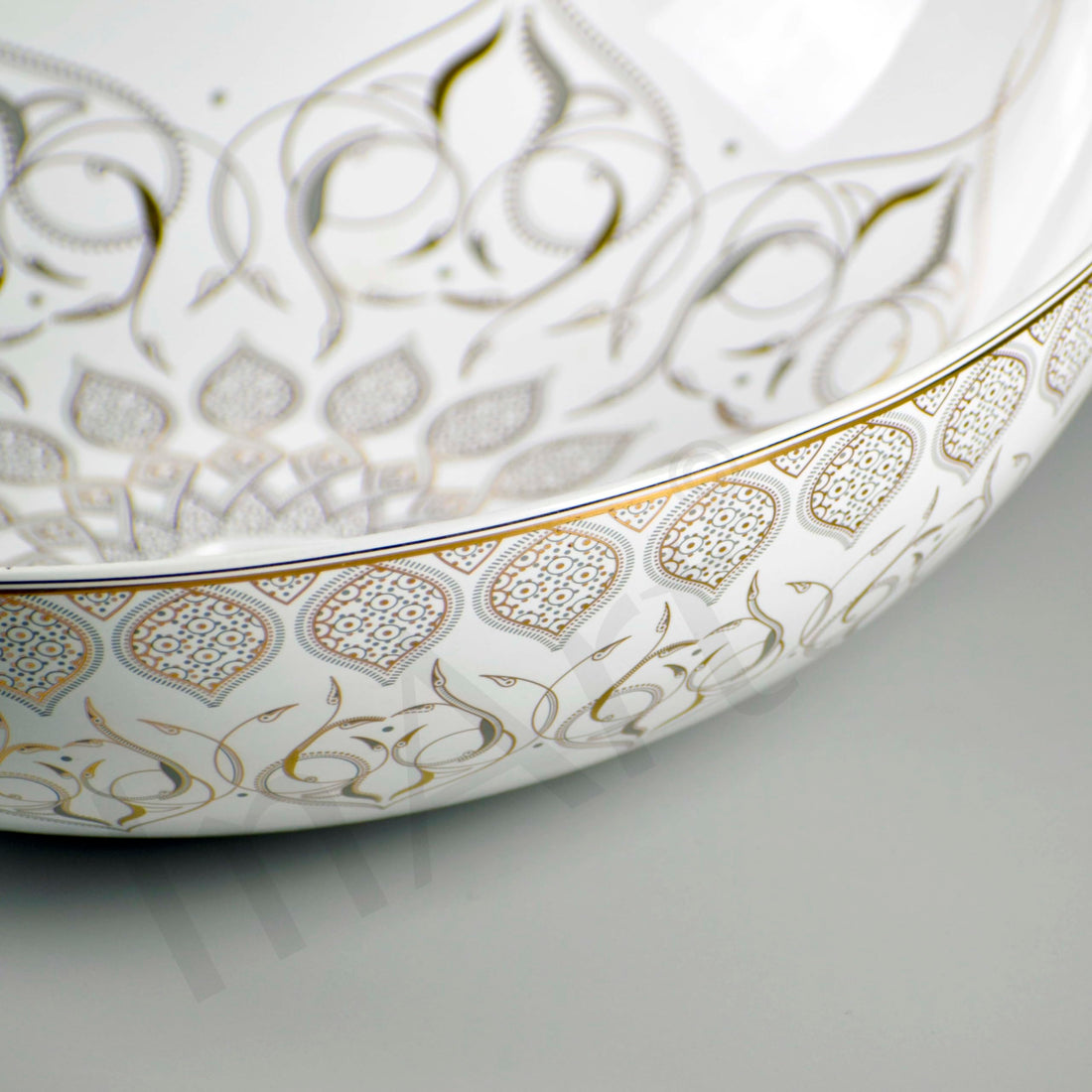 InArt Round Bathroom Ceramic Vessel Sink Art Basin in White Gold Color