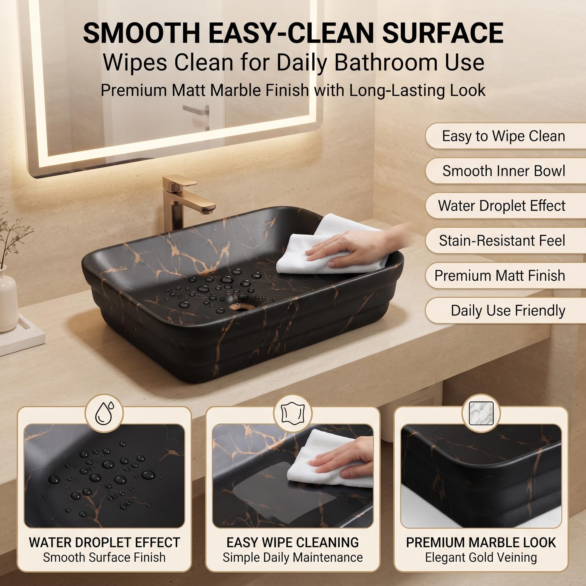 Black Rectangular Ceramic vessel bathroom sink, additional product view 6