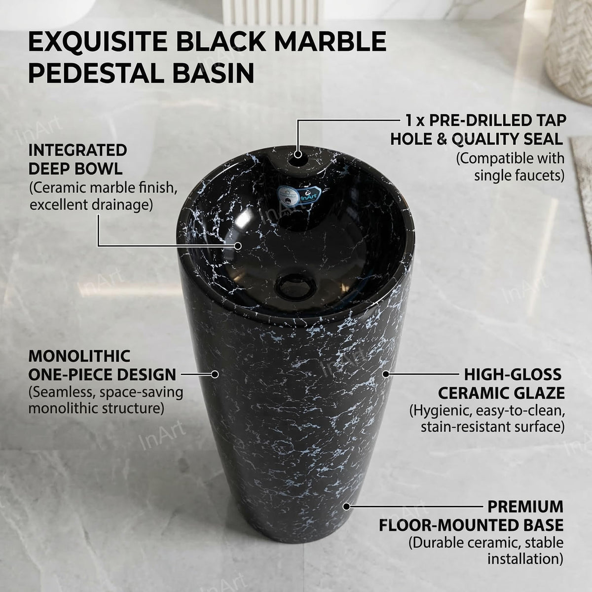 InArt Basin Pedestal Sink - Standing Bathroom Sink Black Marble 38x38 CM, additional product view 2