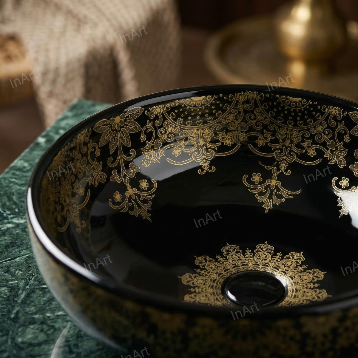 InArt Glossy Black Ceramic Round Vessel Sink – Above Counter, 16" Gold Pattern, additional product view 5
