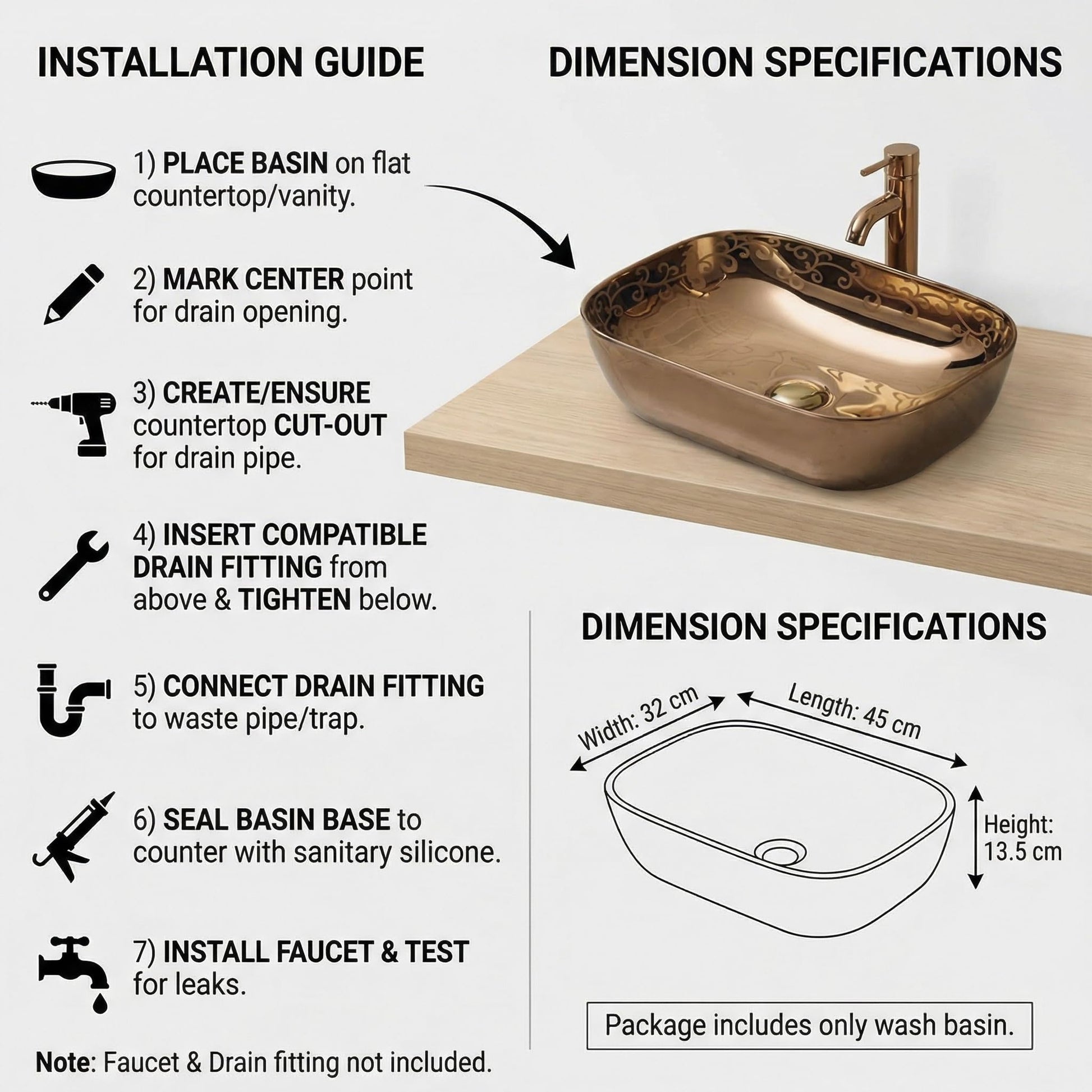 Drain opening detail on InArt pottery vessel sink, rectangular ceramic tabletop wash basin in rose gold