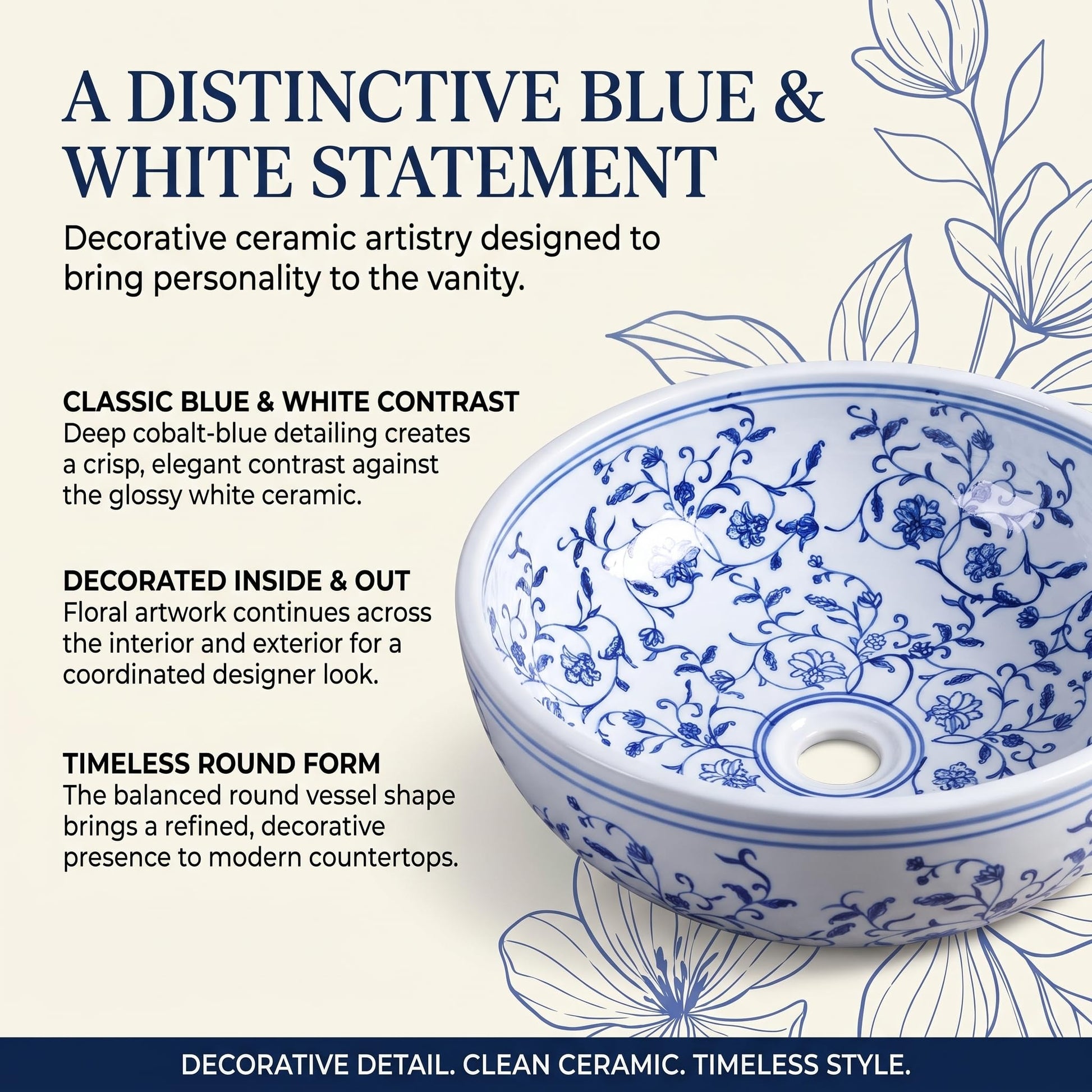 Blue and White Round Porcelain Ceramic vessel bathroom sink, additional product view 7