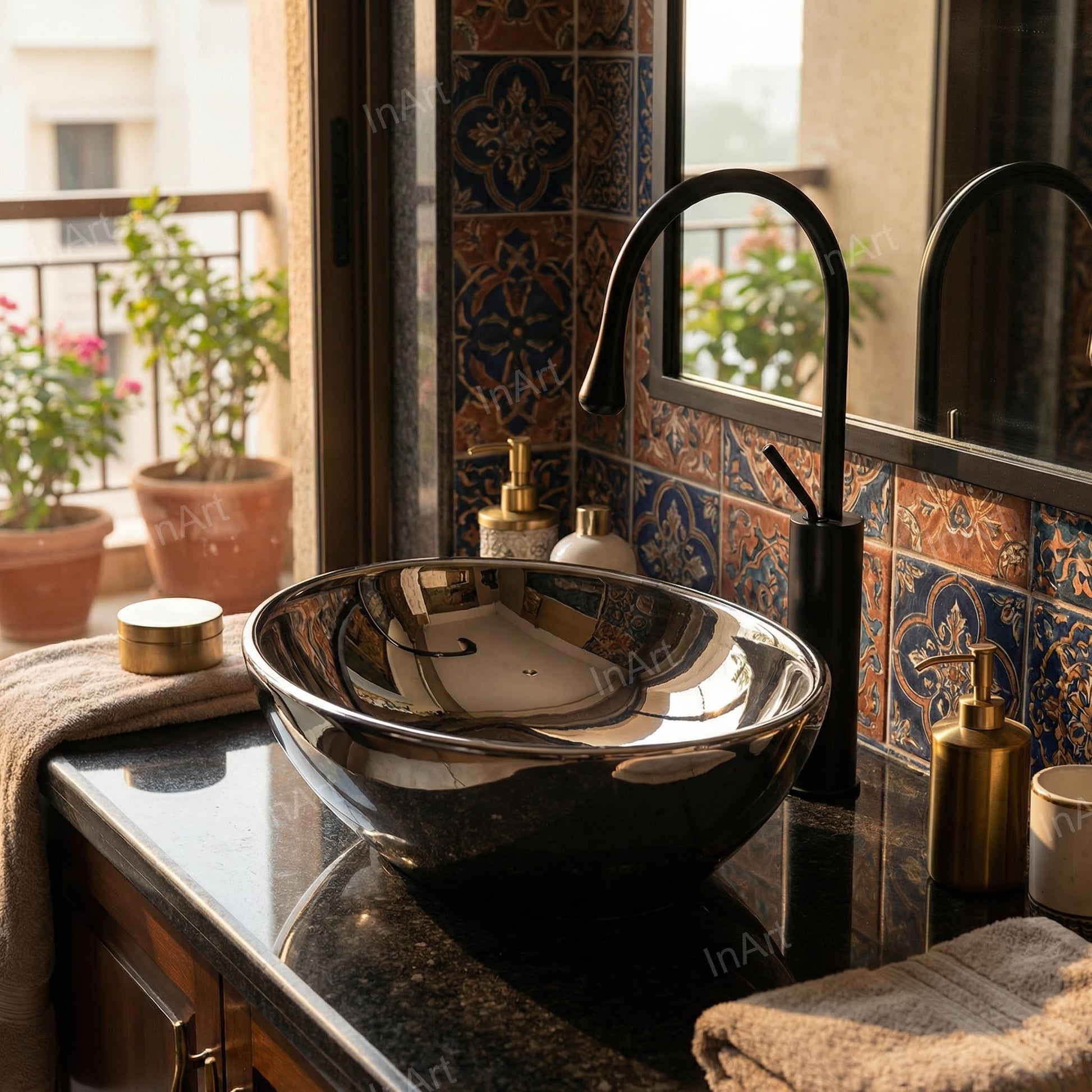 Close-up silver finish on ceramic oval vessel sink, smooth glazed rim detail for vanity top
