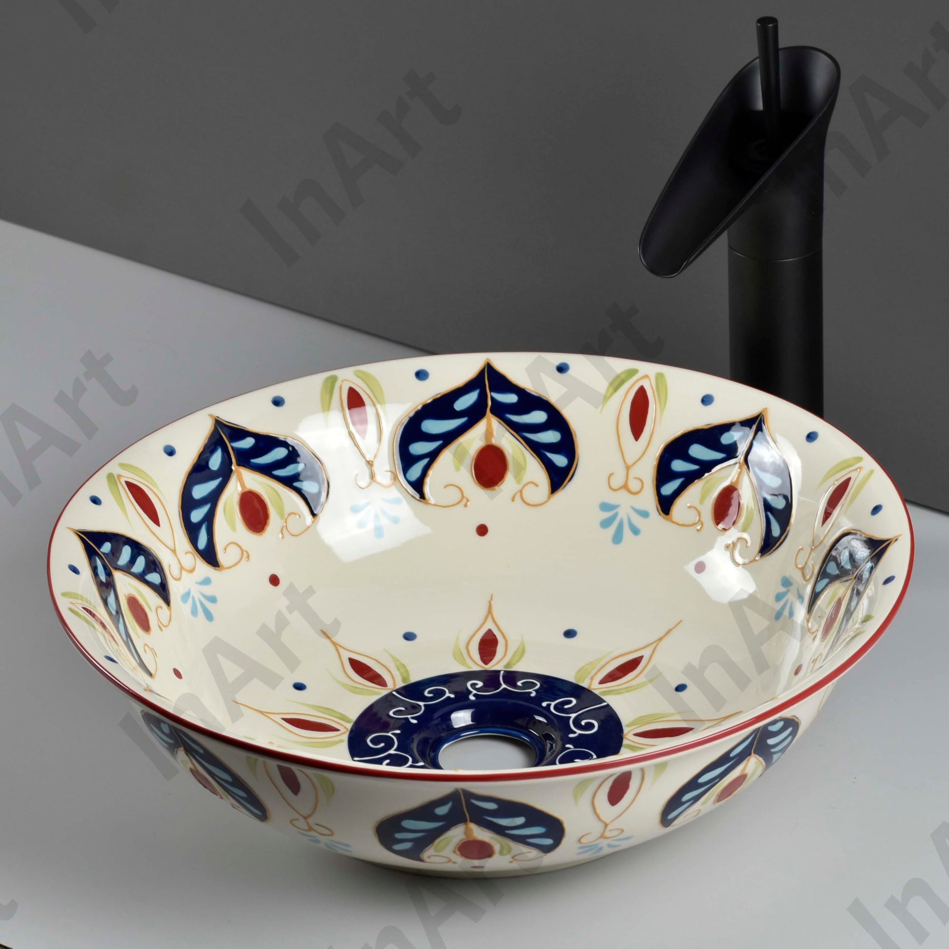Round vessel sink ceramic sink vessel, side angle showing 42 x 42 x 13 cm round lavatory sink bowl