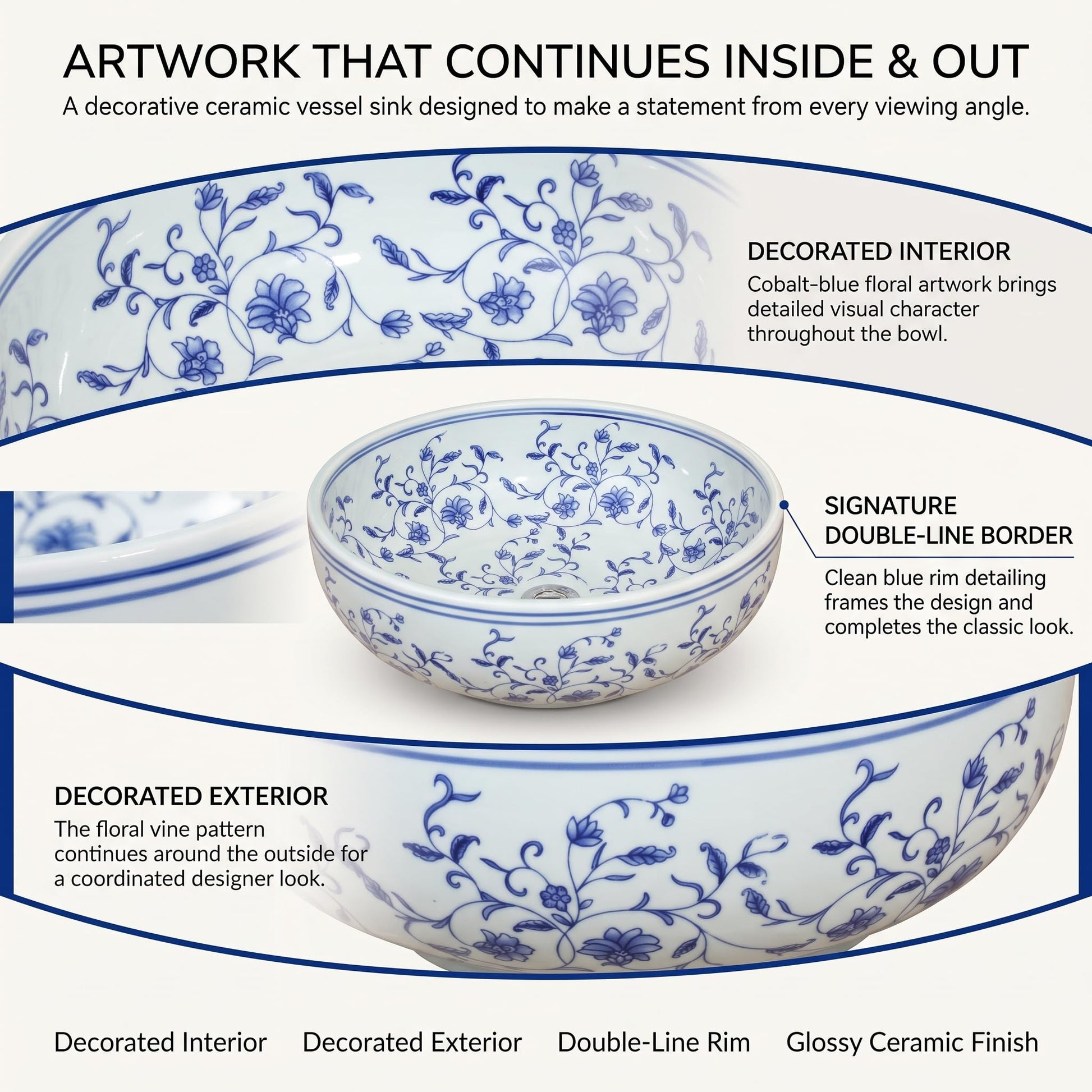 Blue and White Round Porcelain Ceramic vessel bathroom sink, additional product view 6