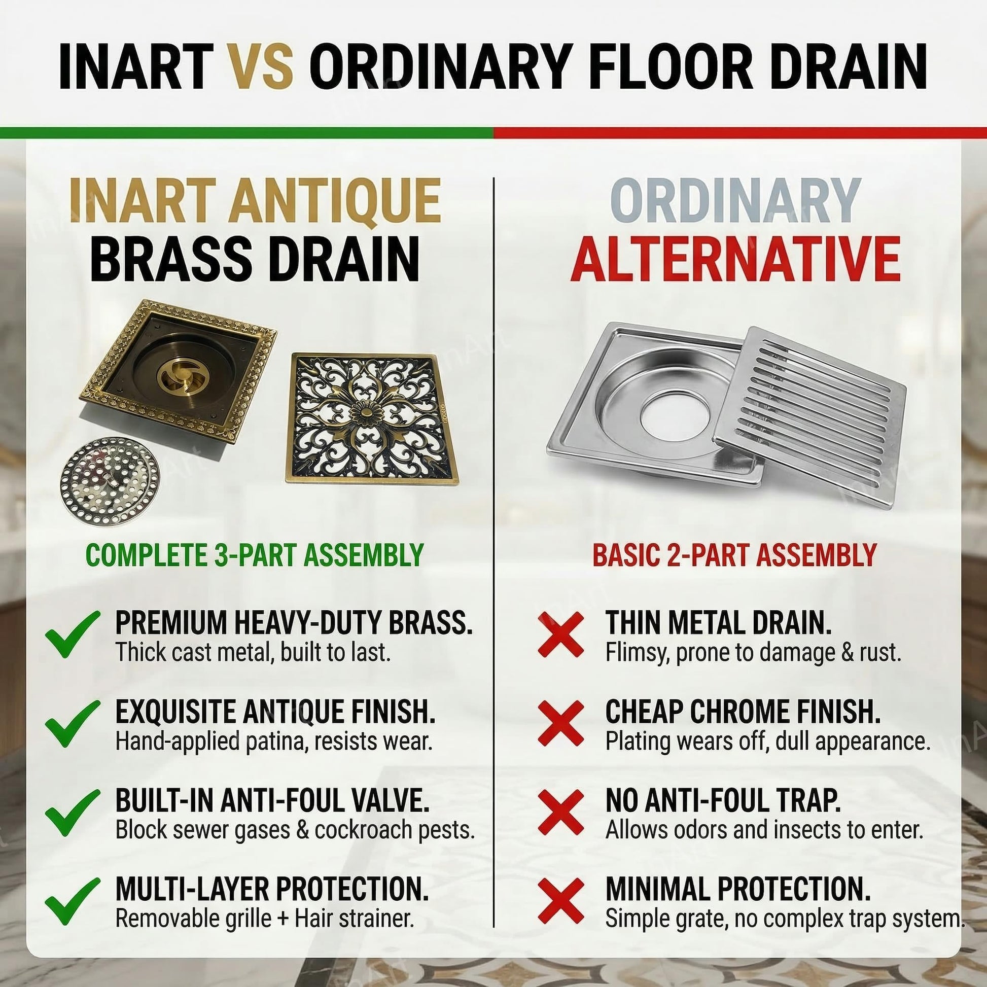 InArt 12 x 4 Inch Square Brass Shower Drain Channel with Removable Grate, additional product view 7