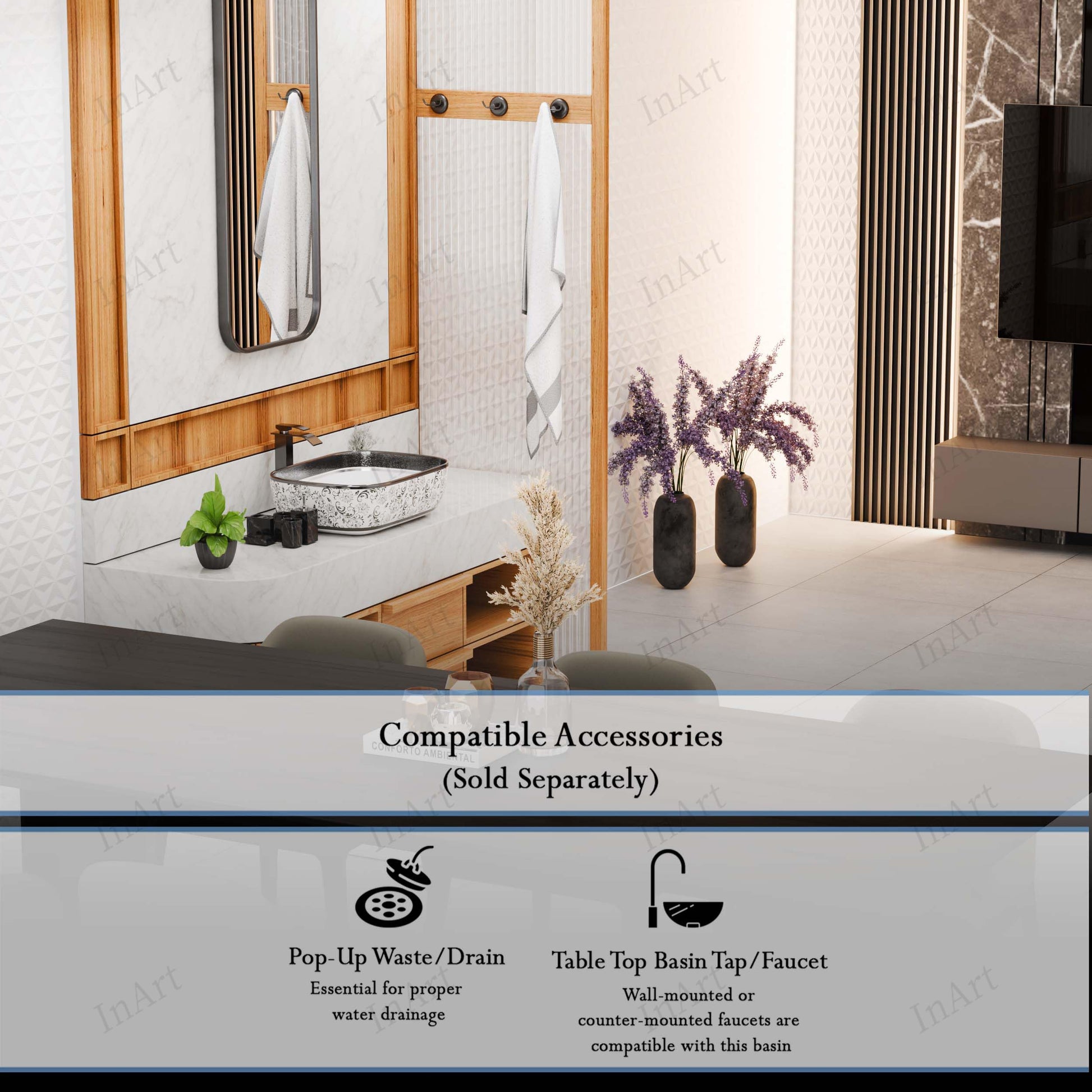 InArt table top wash basin lifestyle, rectangular ceramic vessel sink paired with chrome faucet