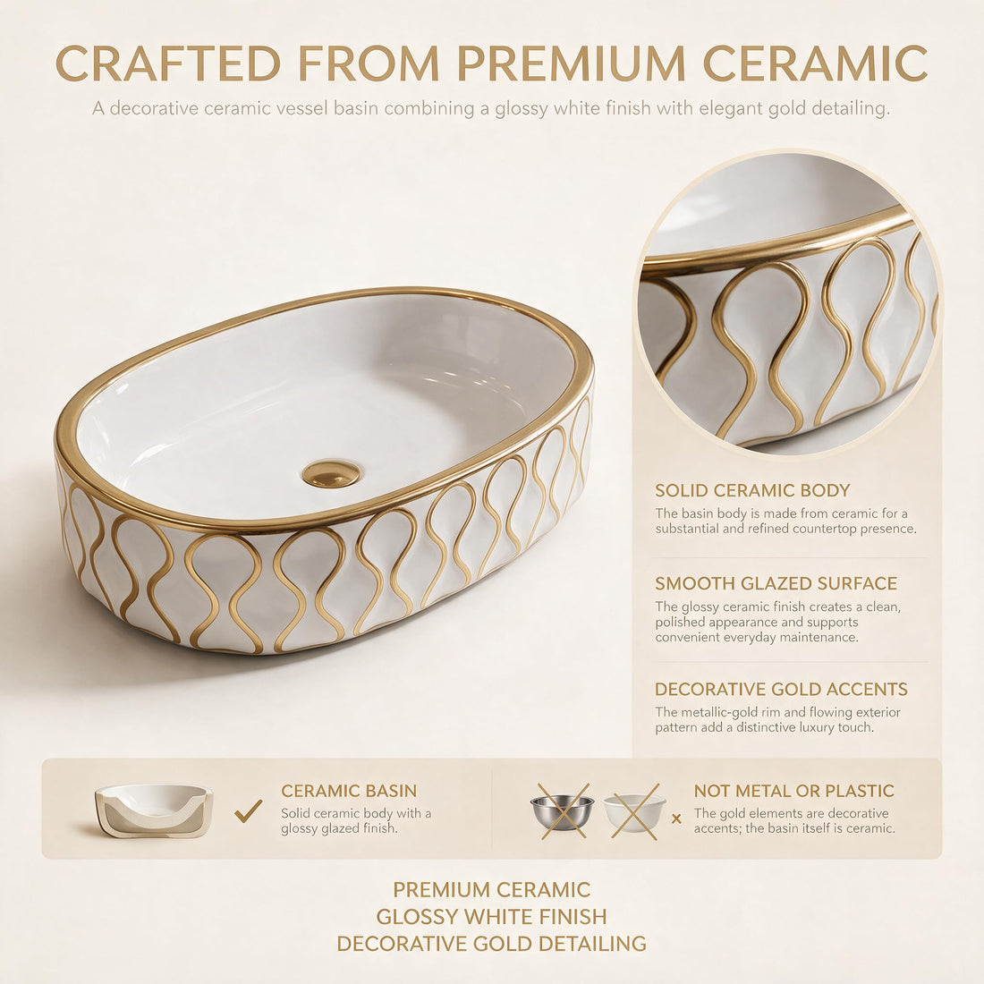 White and Gold Oval Ceramic vessel bathroom sink