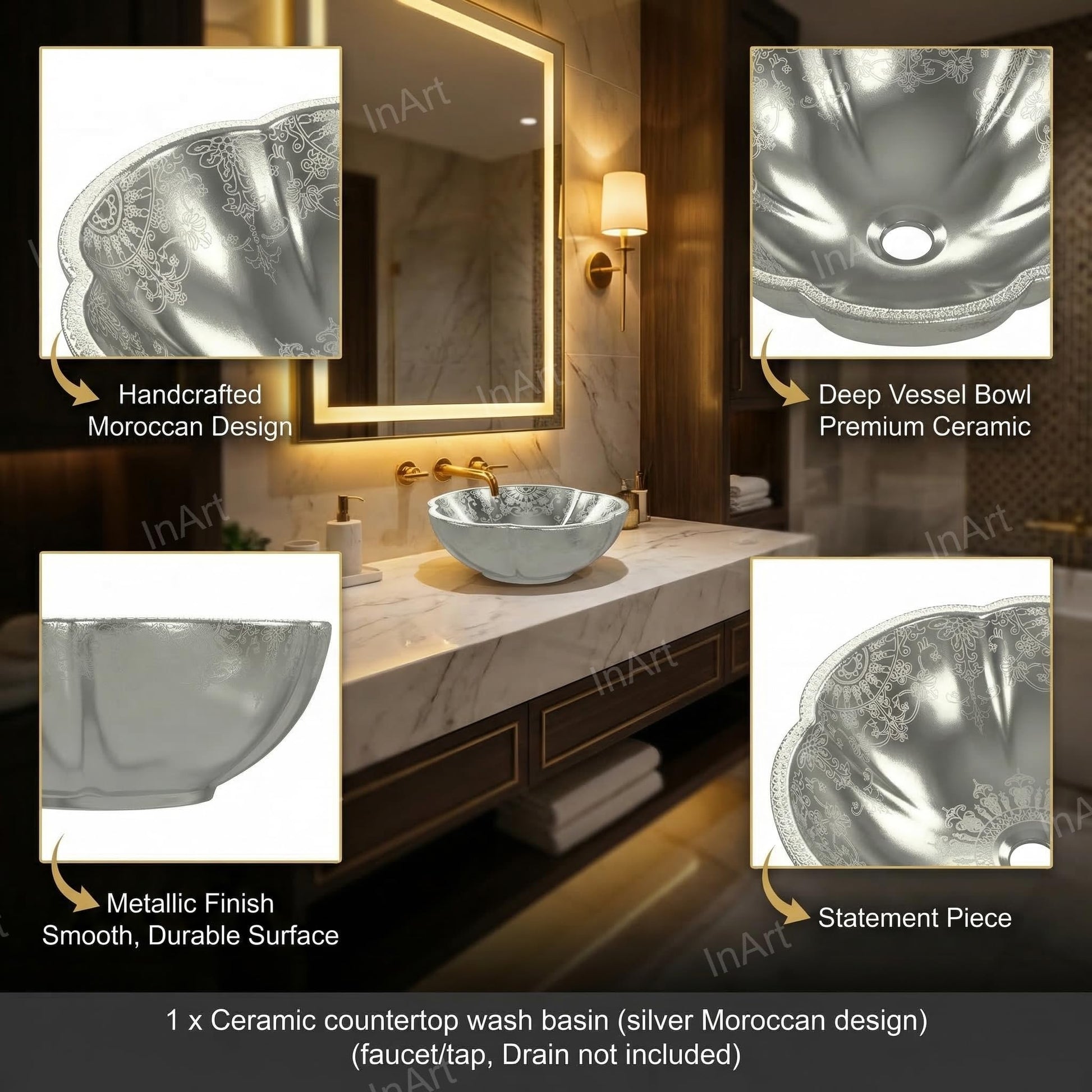 InArt Silver Ceramic Round Vessel Sinks – Moroccan Pattern, 16.5" Above-Counter, additional product view 3