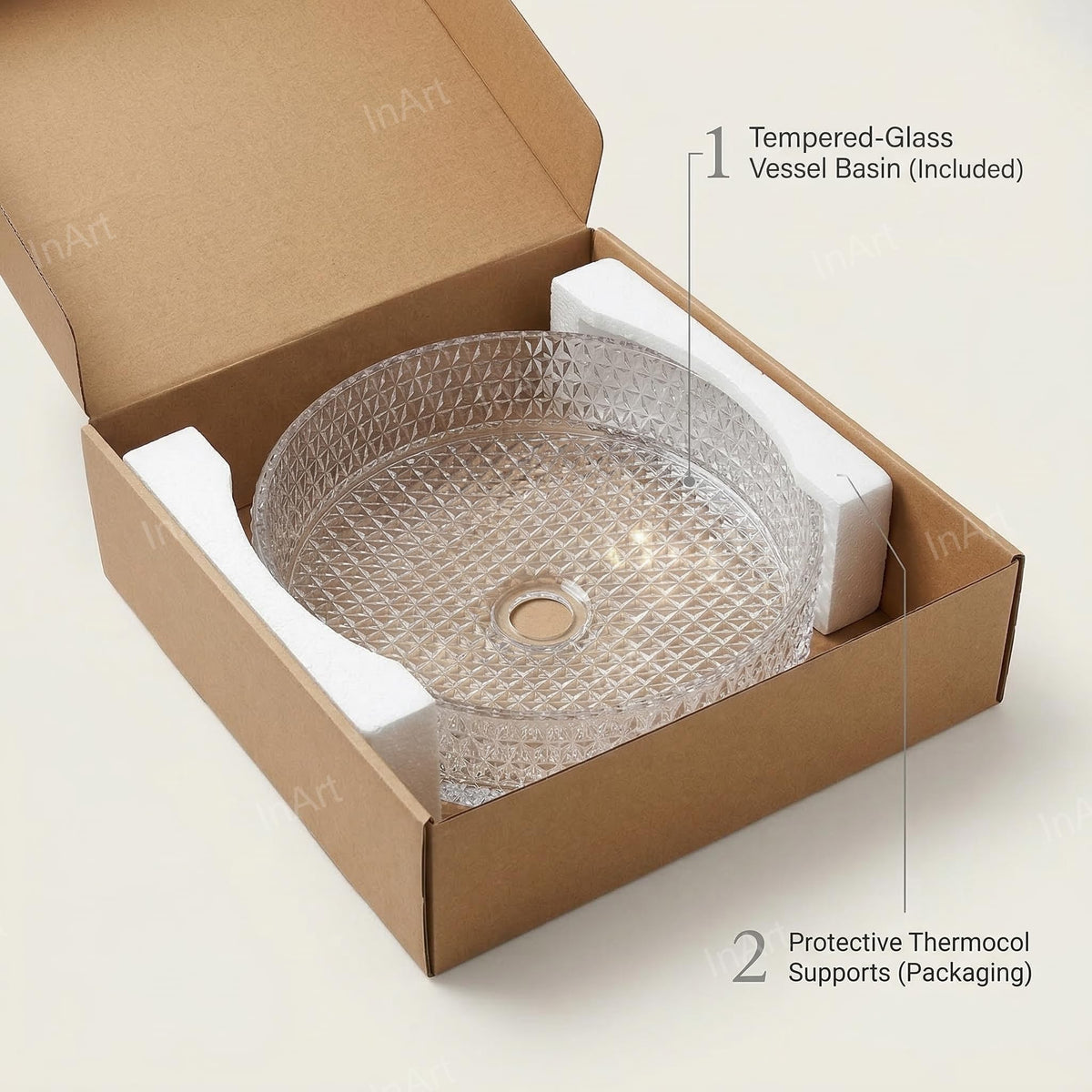 InArt Clear Tempered Glass Round Vessel Sink – Diamond-Cut Texture, 15.6", additional product view 8