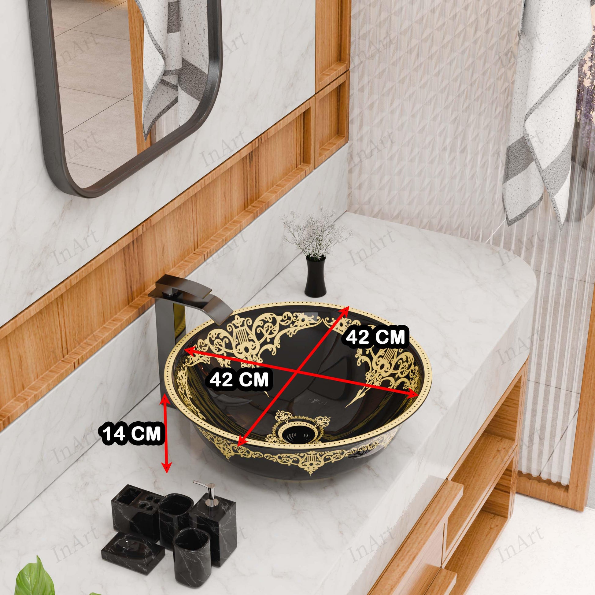 Over counter bathroom sink, angled view of round ceramic black gold InArt vessel basin