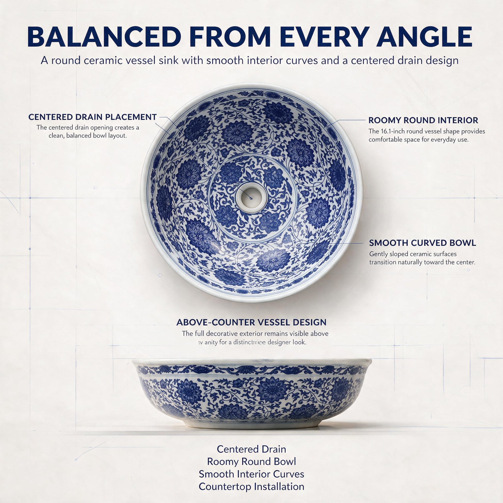 White and Cobalt Blue Round Porcelain Ceramic vessel bathroom sink, additional product view 7