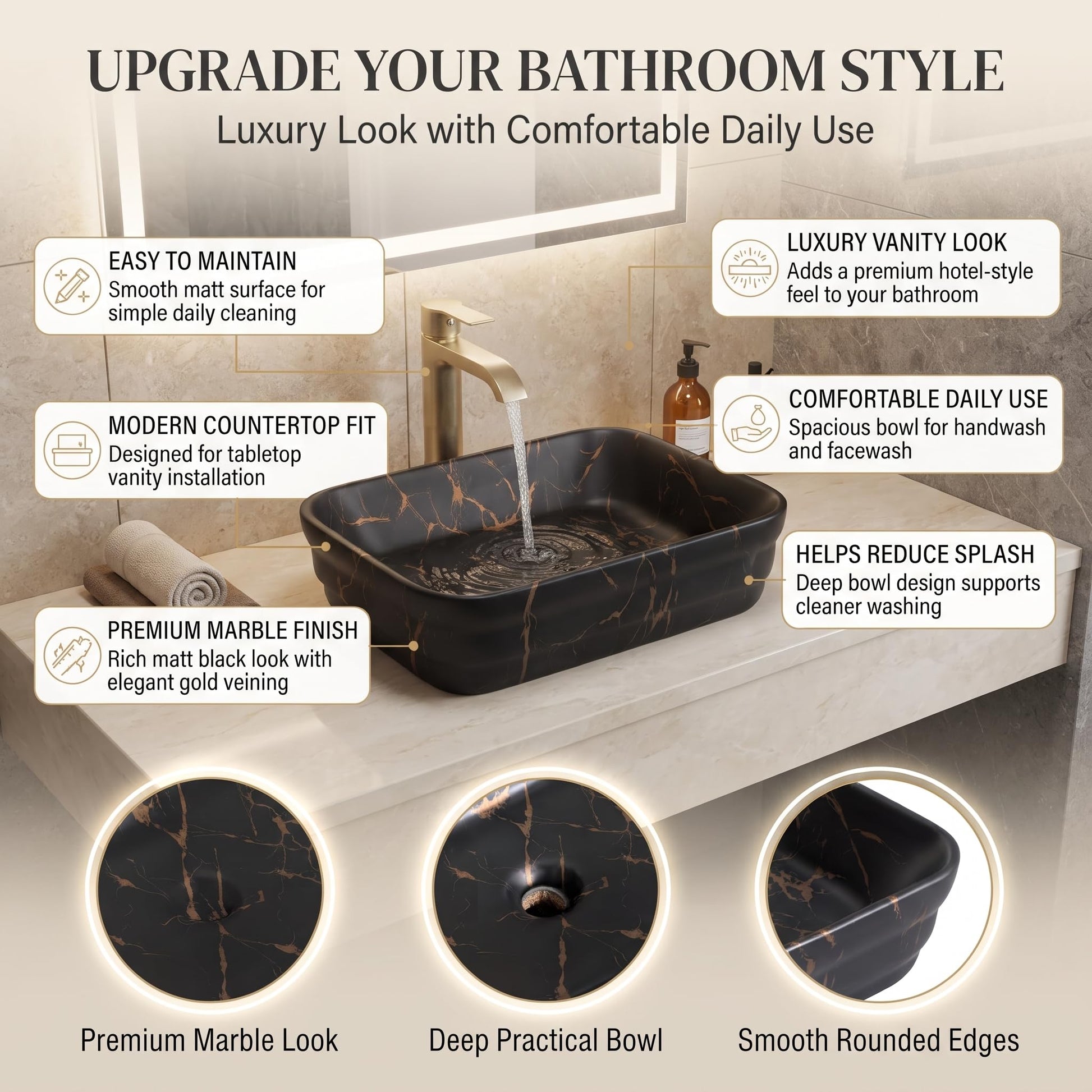 Black Rectangular Ceramic vessel bathroom sink, additional product view 9