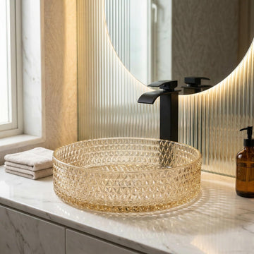 InArt Amber Tempered Glass Round Vessel Sink – Diamond Texture, 15.6" Above-Counter