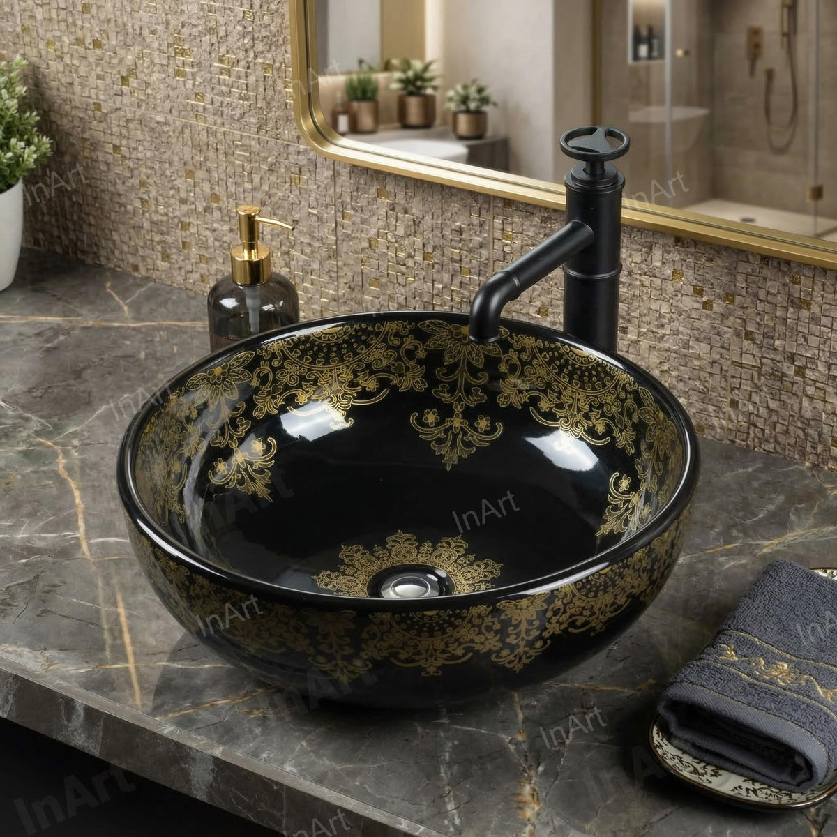 InArt Glossy Black Ceramic Round Vessel Sink – Above Counter, 16" Gold Pattern, additional product view 4