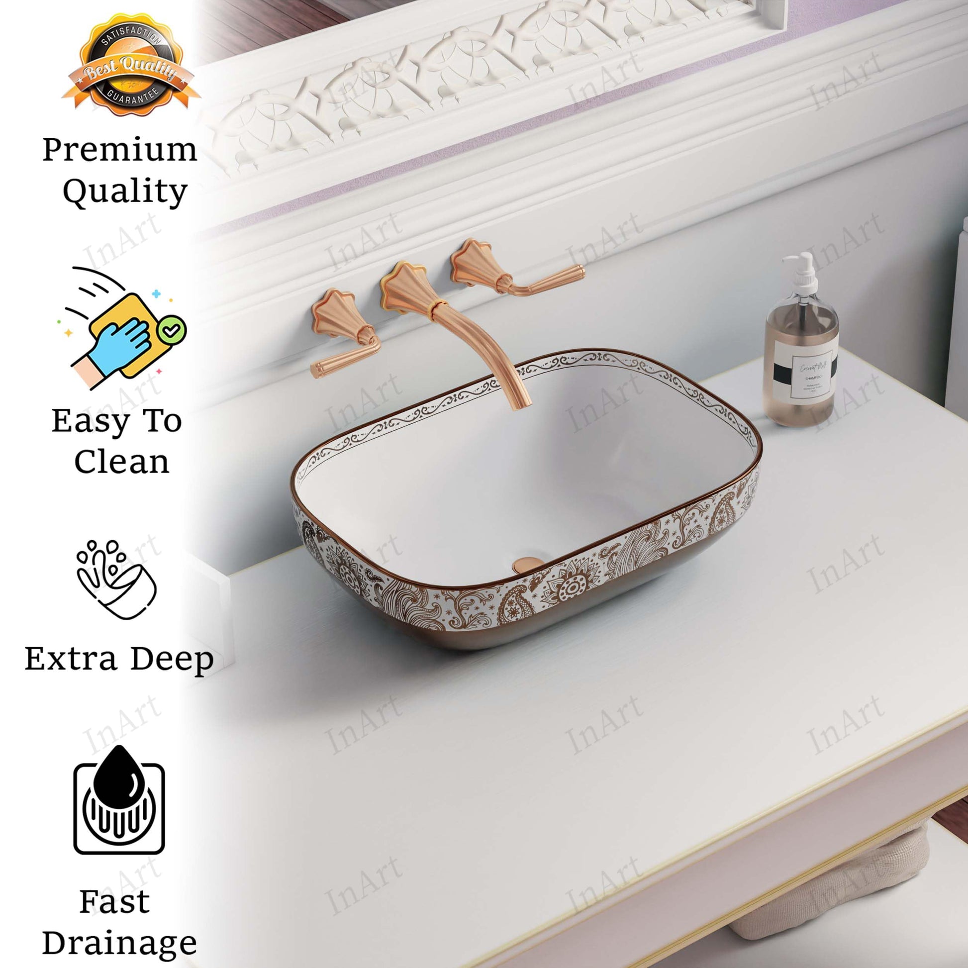 Over counter bathroom sink interior view, glossy rose gold ceramic rectangular vessel bowl with drain opening