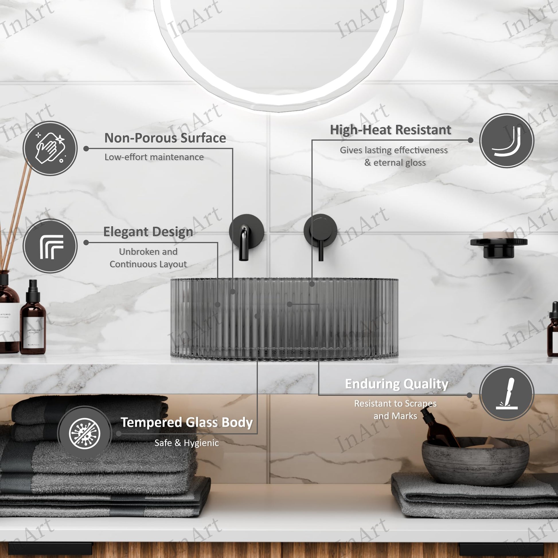Bathroom vessel sink vanity styling with black square glass sink bowl on countertop, modern hardware