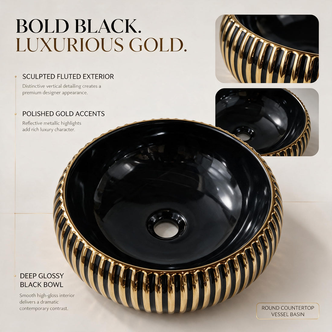 Black and Gold Round Ceramic vessel bathroom sink