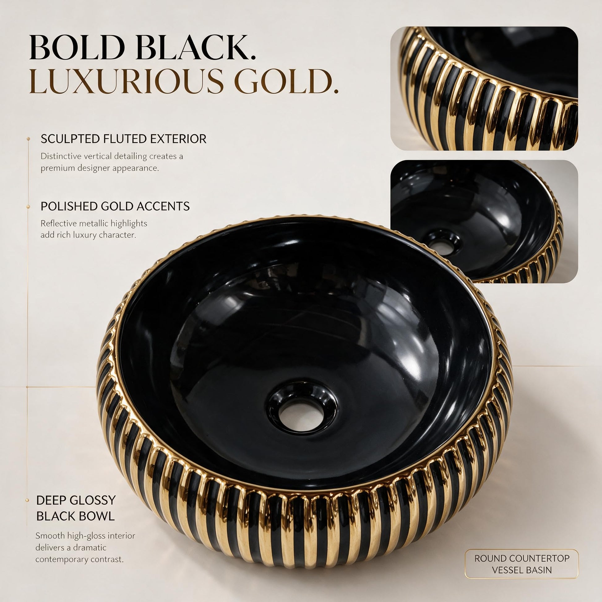 Black and Gold Round Ceramic vessel bathroom sink, additional product view 2