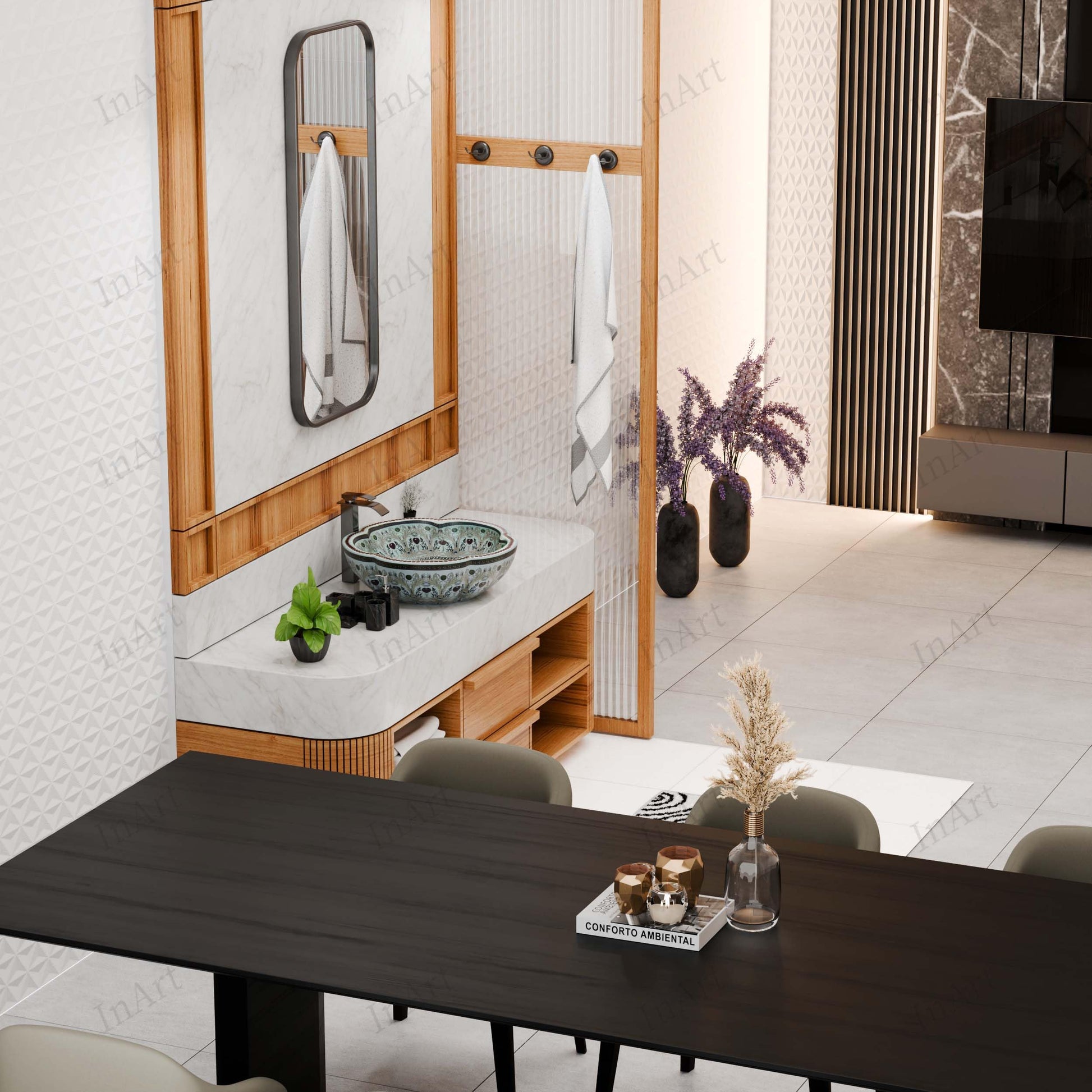Bowl sink in bathroom drain view, ceramic round tabletop vessel sink with glossy light blue patterned glaze