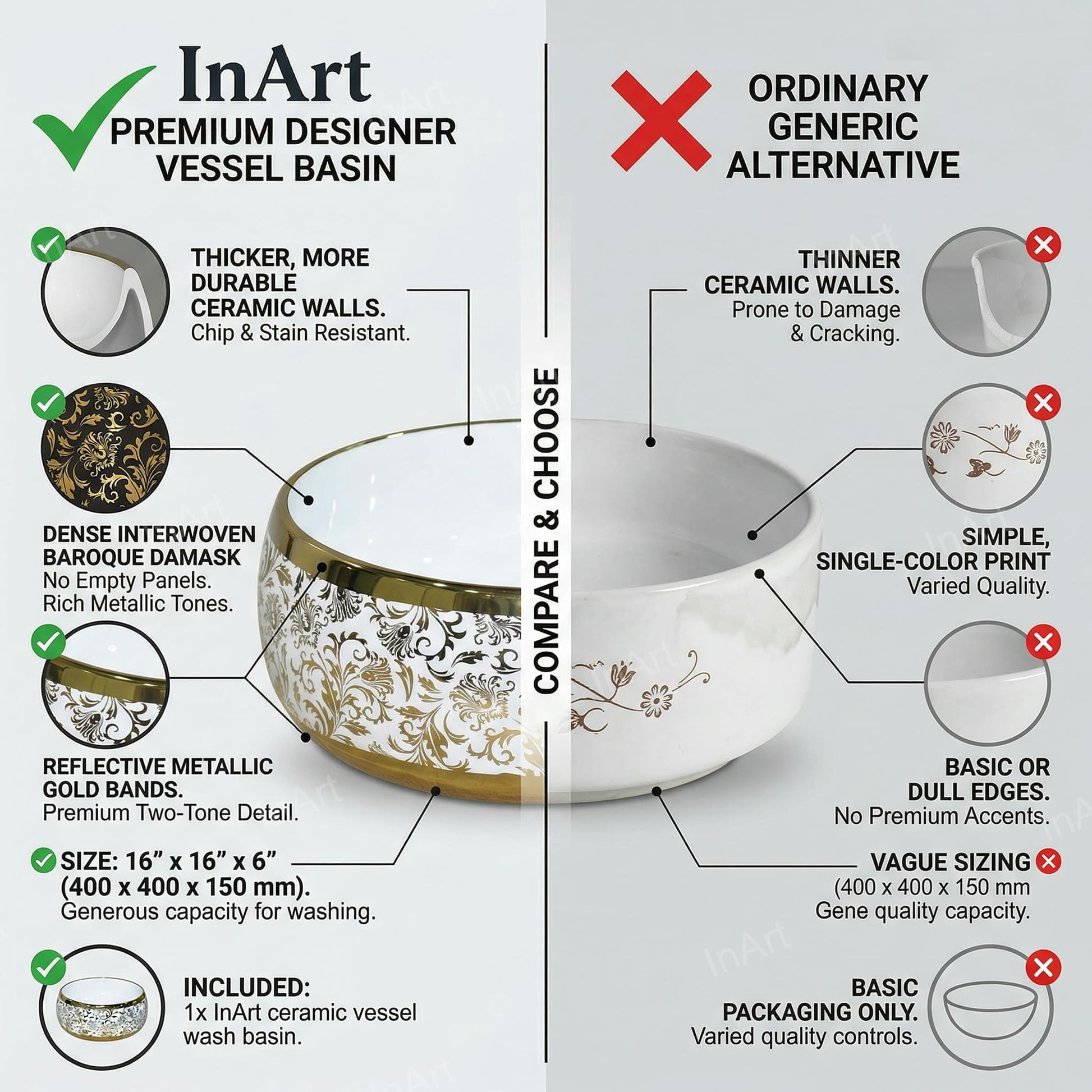 White and Gold Round Ceramic vessel bathroom sink, additional product view 7