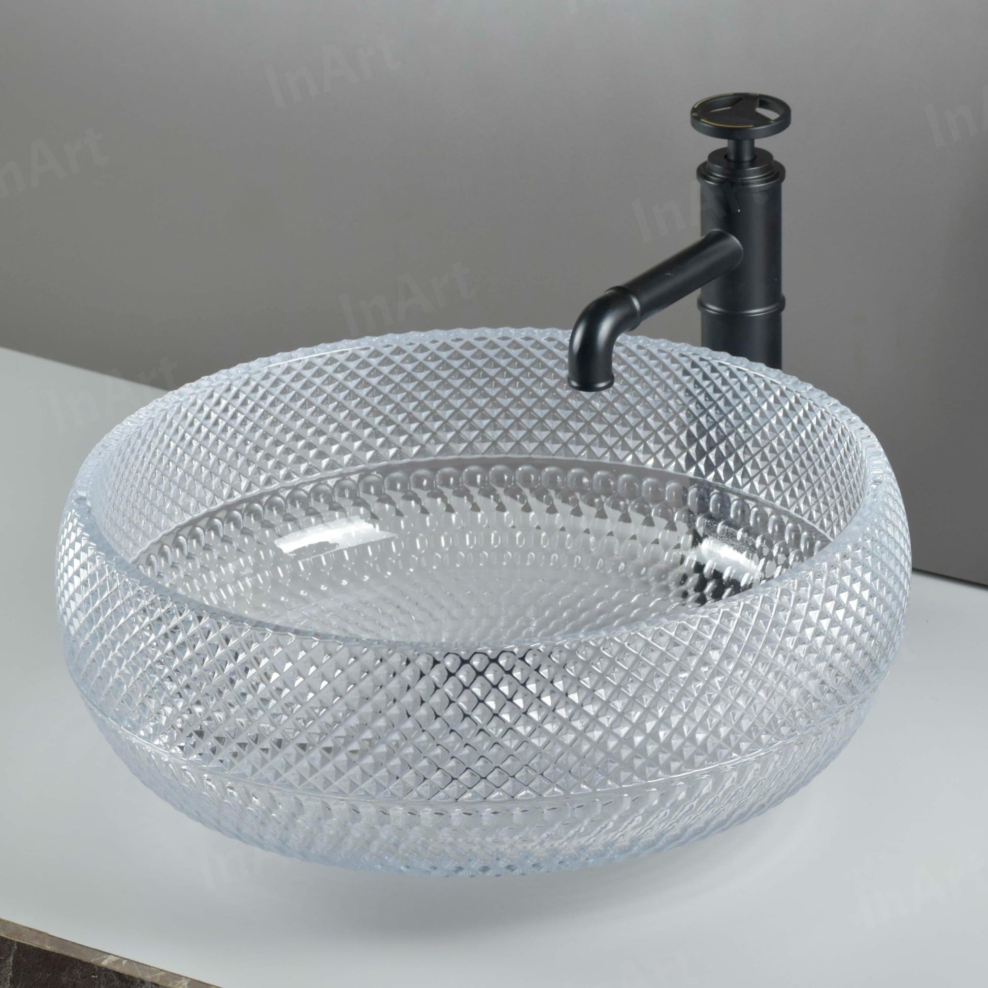 Square glass sink bowl side view, clear tempered glass basin glass vessel sink for vanity with glass sink