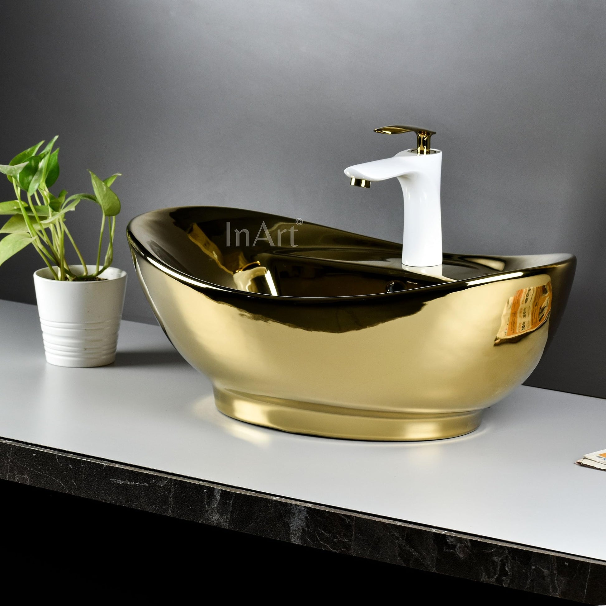 Gold Oval Ceramic vessel bathroom sink, additional product view 2