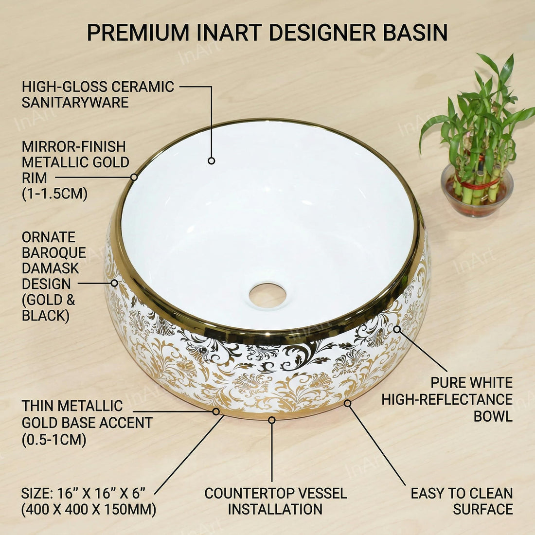 White and Gold Round Ceramic vessel bathroom sink